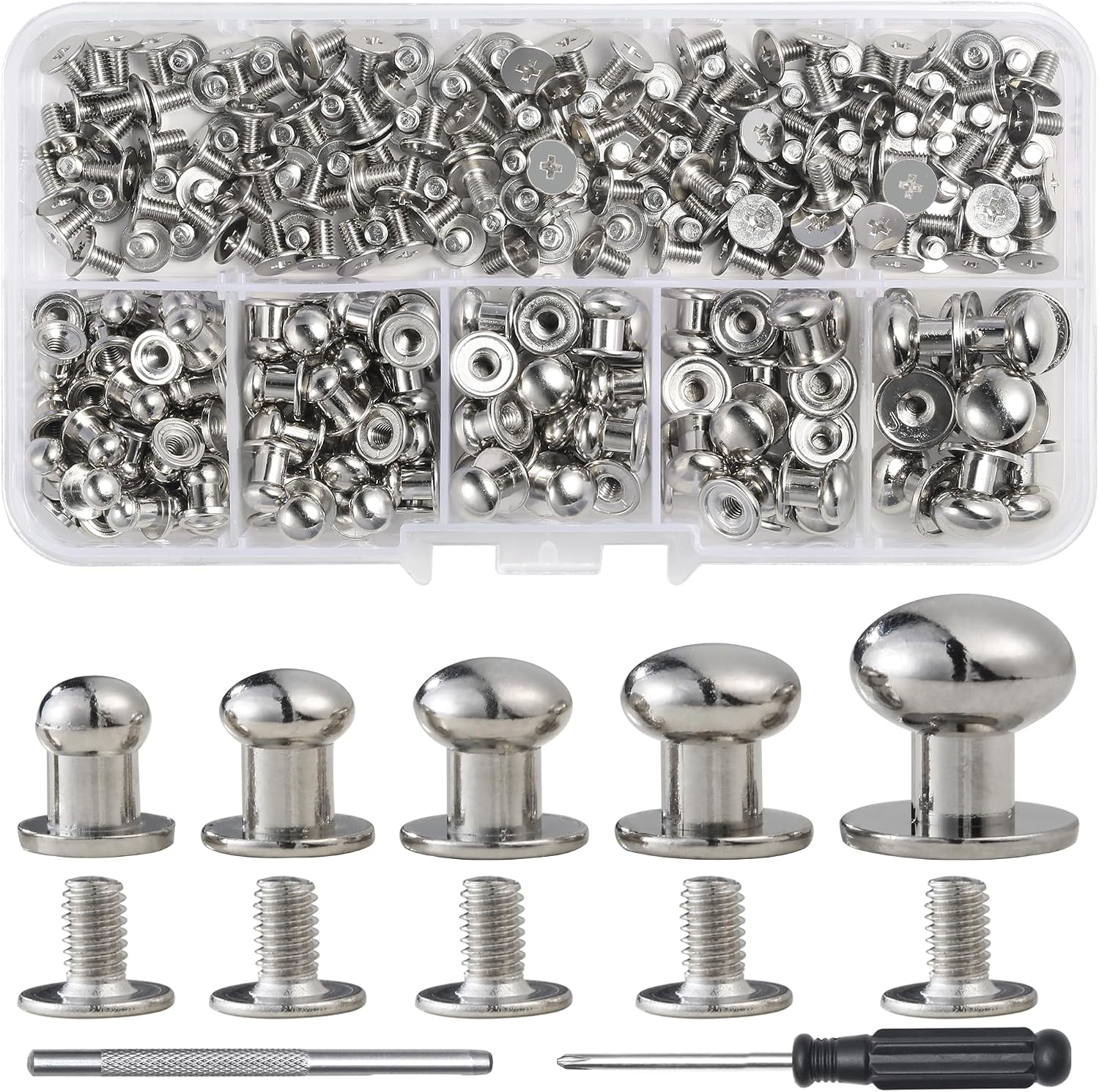 YORANYO 120 Sets round Head Button Stud Assorted Sizes Button Screw Stud for Leather Chicago Screws Spikes and Studs Silver Leather Rivets for Repair Decorate Clothing Shoes Belts Bags Dog Collars