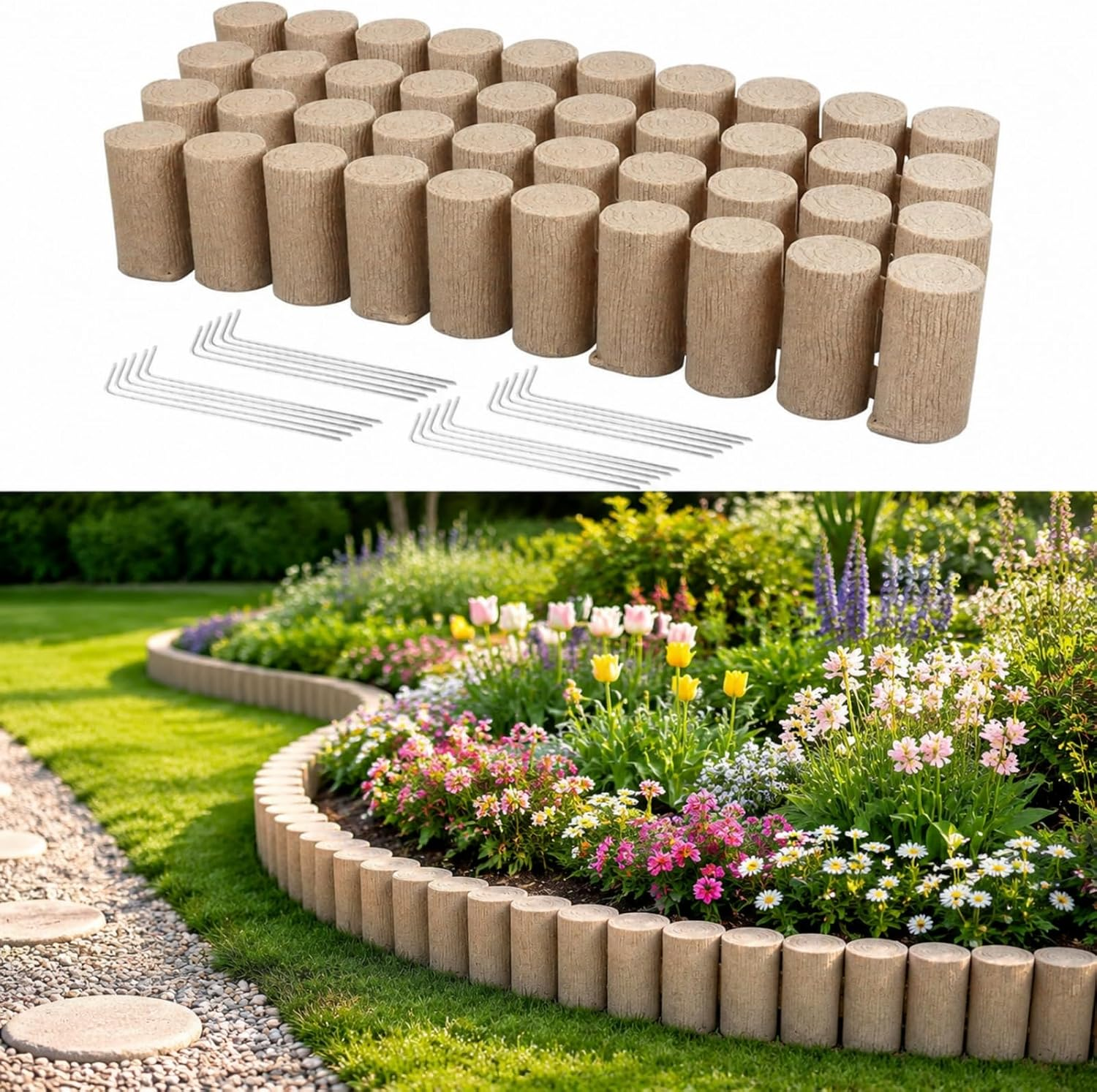 No Dig Garden Edging Border, Faux Wood Landscape Edging, Flexible Plastic Lawn Edging for Tree, Flower Bed, Pathway, Yard, 4 Pack 10 Blocks 41.14"L X 3.74" W X 7.48"H, 32 Spikes Included, Beige