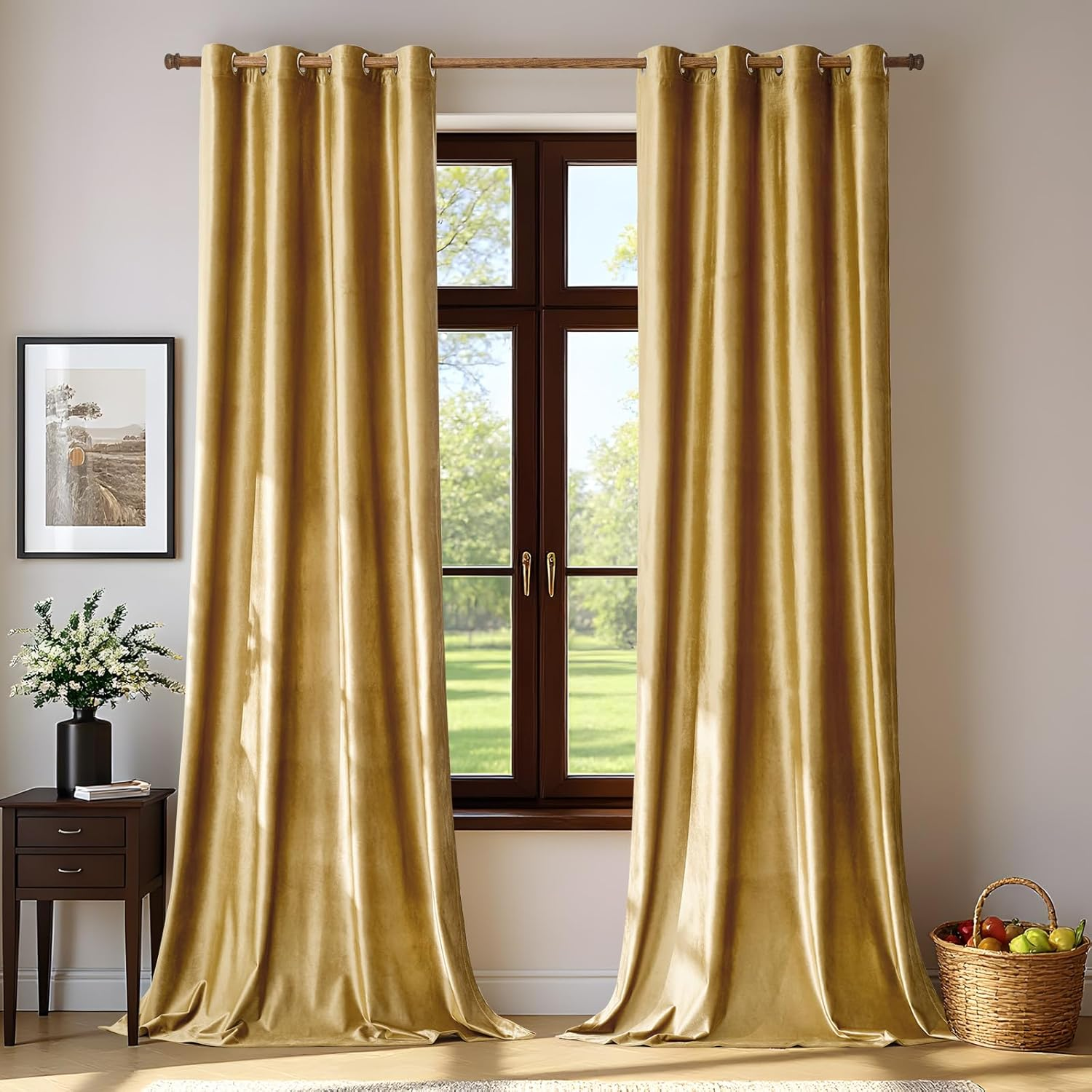 Velvet Gold Curtains 84 Inch Length- Living Room Blackout Thermal Window Drapes Darkening Decor Grommet Curtains for Bedroom Set of 2 Panels