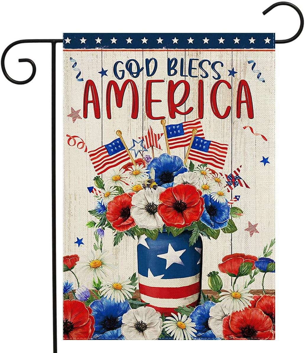 God Bless America Garden flag 12.5 x 18 Inch 4th of July Patriotic Floral Memorial USA Double Sided Burlap Flag for Anniversary Decor