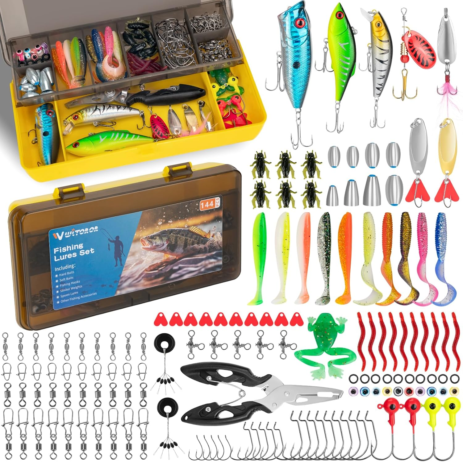 Fishing Lures, Tackle Box with Tackle Included, Crankbaits, Spoon, Hooks, Weights & Other Accessories, Fishing Bait Lure Gear Kit Gifts for Men Bass Freshwater