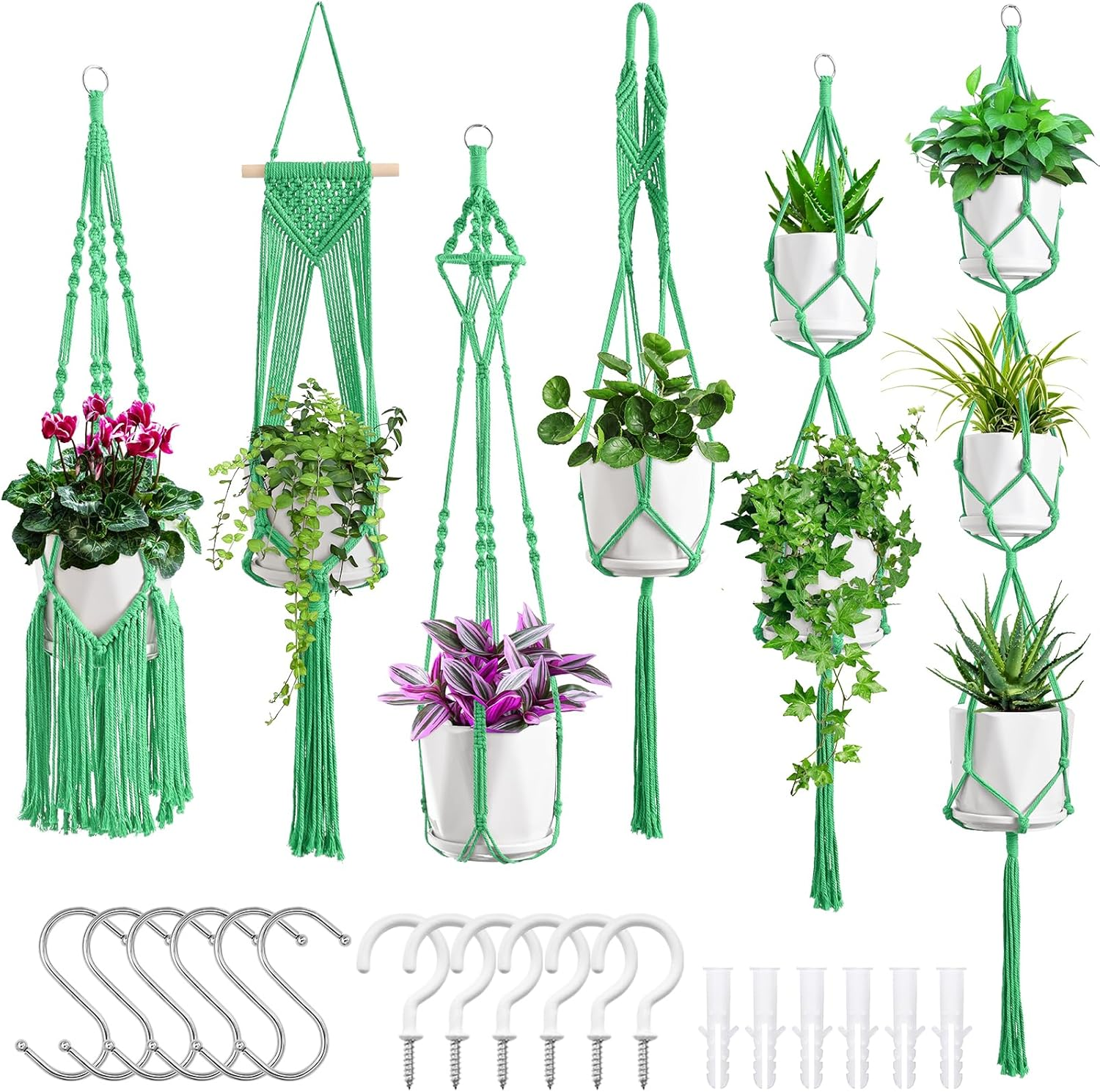Macrame Plant Hangers, 6Pack Hanging Planters for Indoor Plants W/ 6 Set Hangers Kit Handmade Macromay Plant Hangers Indoor Flower Pots Holder Stand for Boho Home Décor (POTS NOT Included)