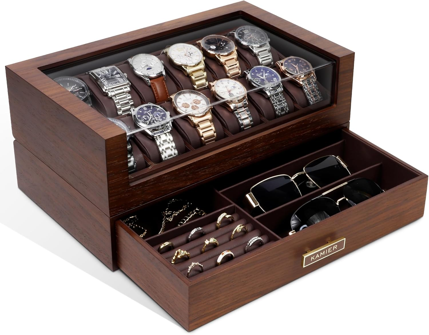 High End Watch Box for Men, 12 Slot Wooden Watch Case with Drawer, Watch Display Box with Glass Lid, 2-Layer Watch Holder for Jewelry and Watch Storage for Men Women , Ideal for Gift (With Gift Box)