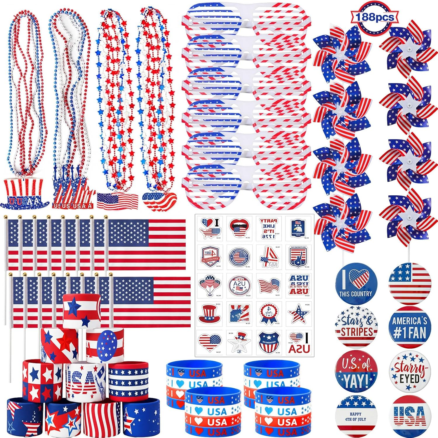 4Th of July Party Favors, 188Pcs Bulk Patriotic Party Favors Supplies Set, Independence Day Decorations for Kids & Adult Celebrations, Party, Classroom Prizes & American Themed Decorations
