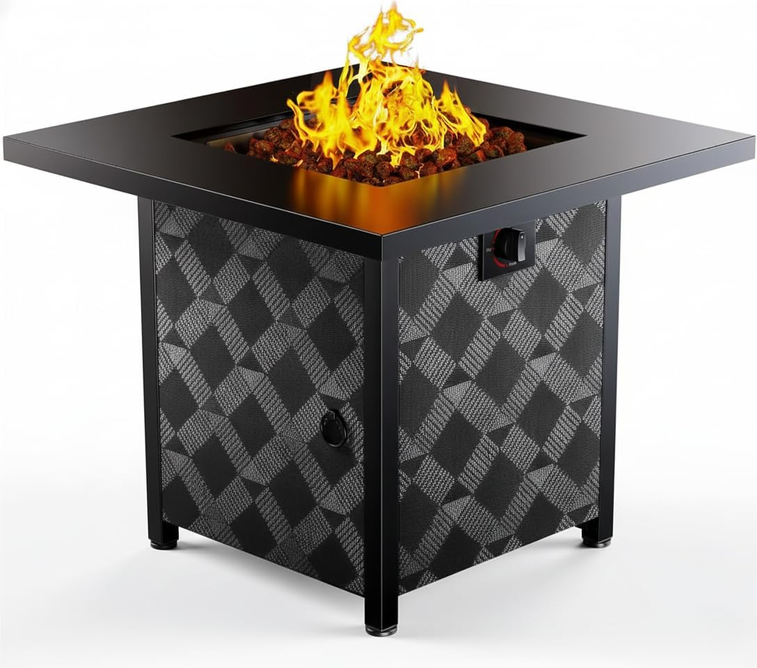 28Inch Propane Fire Pit Table, 50,000 BTU Outdoor Gas Fire Pit Table Csa-Certified for outside Patio with Removable Lid and Lava Rocks, Add Warmth and Ambience to Parties, Backyard, Garden