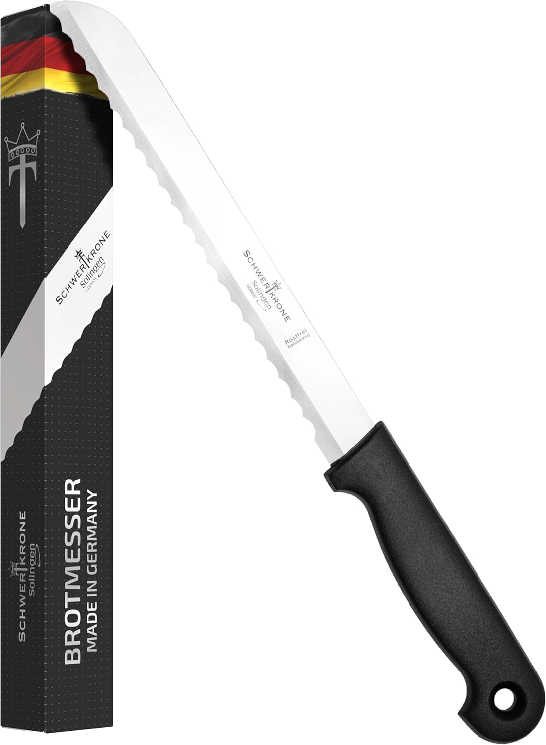 Schwertkrone® Brotmesser Wellenschliff [MADE in SOLINGEN - GERMANY] - Bread Knife - Großes Brotmesser Mit Griff - Brötchen- & Brotschneidemesser - Sägemesser Aus Rostfreiem Edelstahl (Klinge: 19Cm)