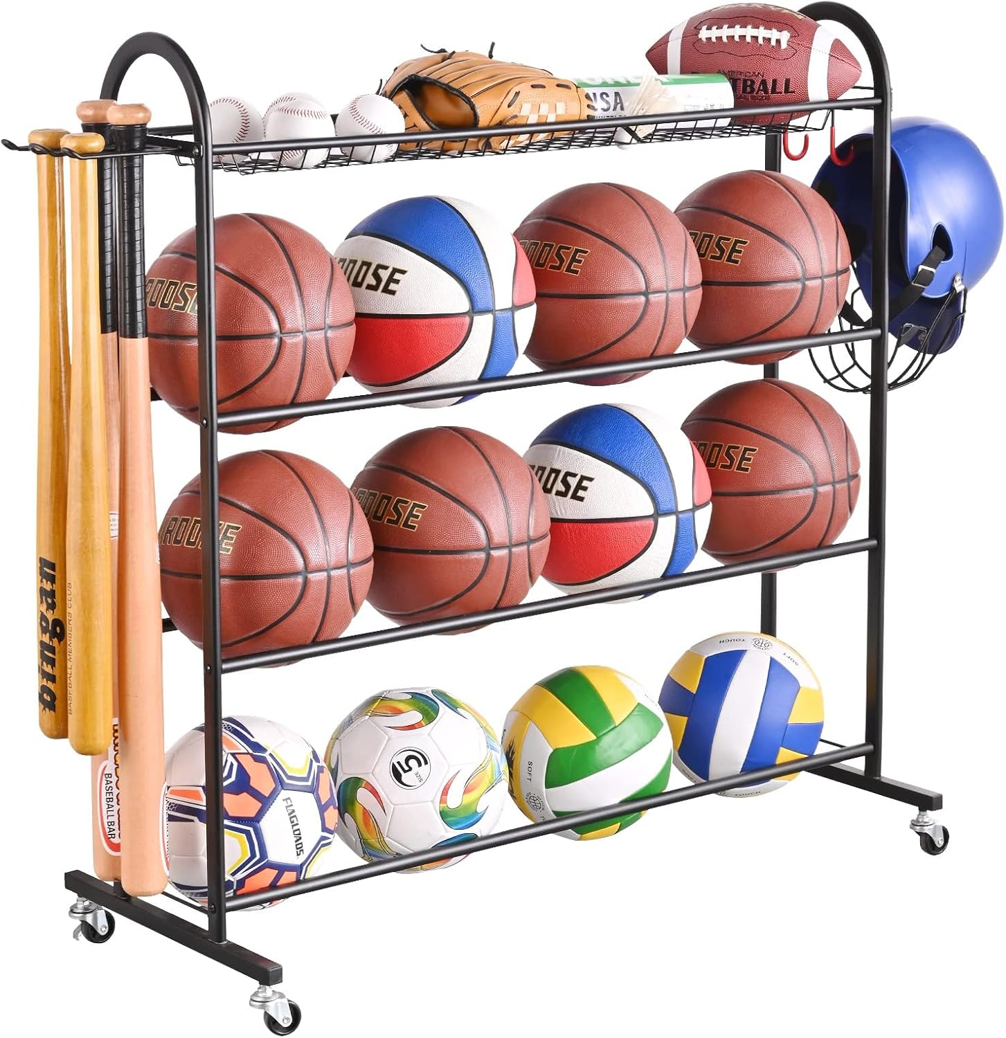 Basketball Rack, Rolling Ball Storage with Baseball Bat Holder and Hooks, Sports Equipment Storage with Wheels for Volleyball, Football and Basketball Accessories, Powder Coated Steel
