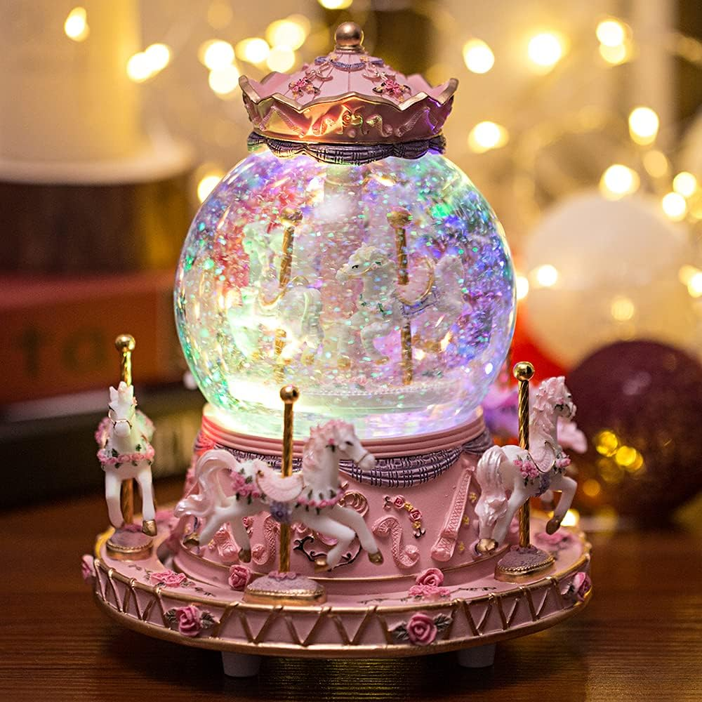 Gift Wrapped Music Box Carousel Horses Color Lights Unicorn Musical Snow Globe for Girls and Women Kids Sister Daughter Mom Granddaughter Grandma Christmas Birthday Presents Gifts