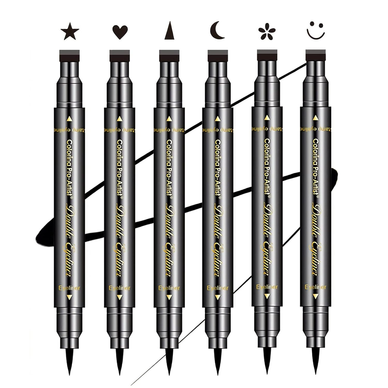 6 Pcs Double-Headed Eyeliner Stamps Set Black Liquid Eye Liner Pen with Star,Moon,Heart,Flower,Smiley,Triangle Stamp Stencils Shapes for Women Makeup Kit Long-Lasting Waterproof Smudgeproof