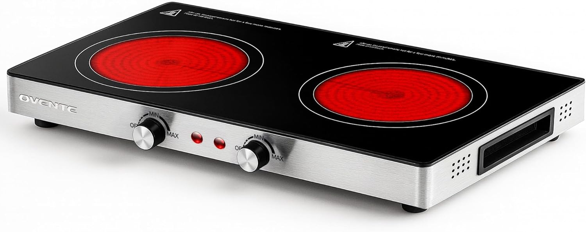 Infrared Ceramic Double Burner, 1800W Electric Countertop Hot Plate with Black Crystalline Glass, Portable Stainless Steel Cooktop for Home, Office, or Dorm Use, Black BGI302GB