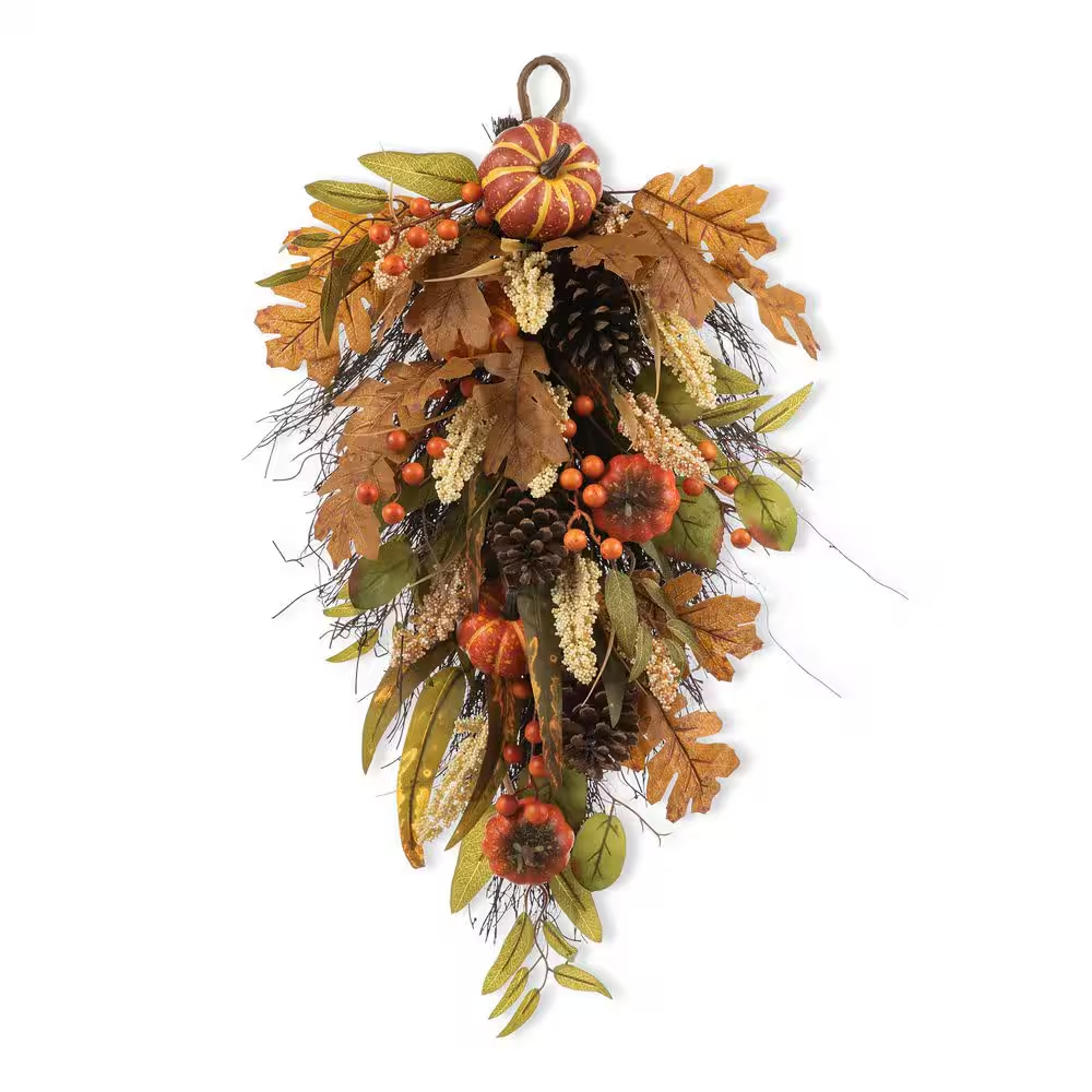 15 In. Fall Pumpkin Leaf Swag Includes a Complimentary Black Metal Artificial Christmas Swag Hanger
