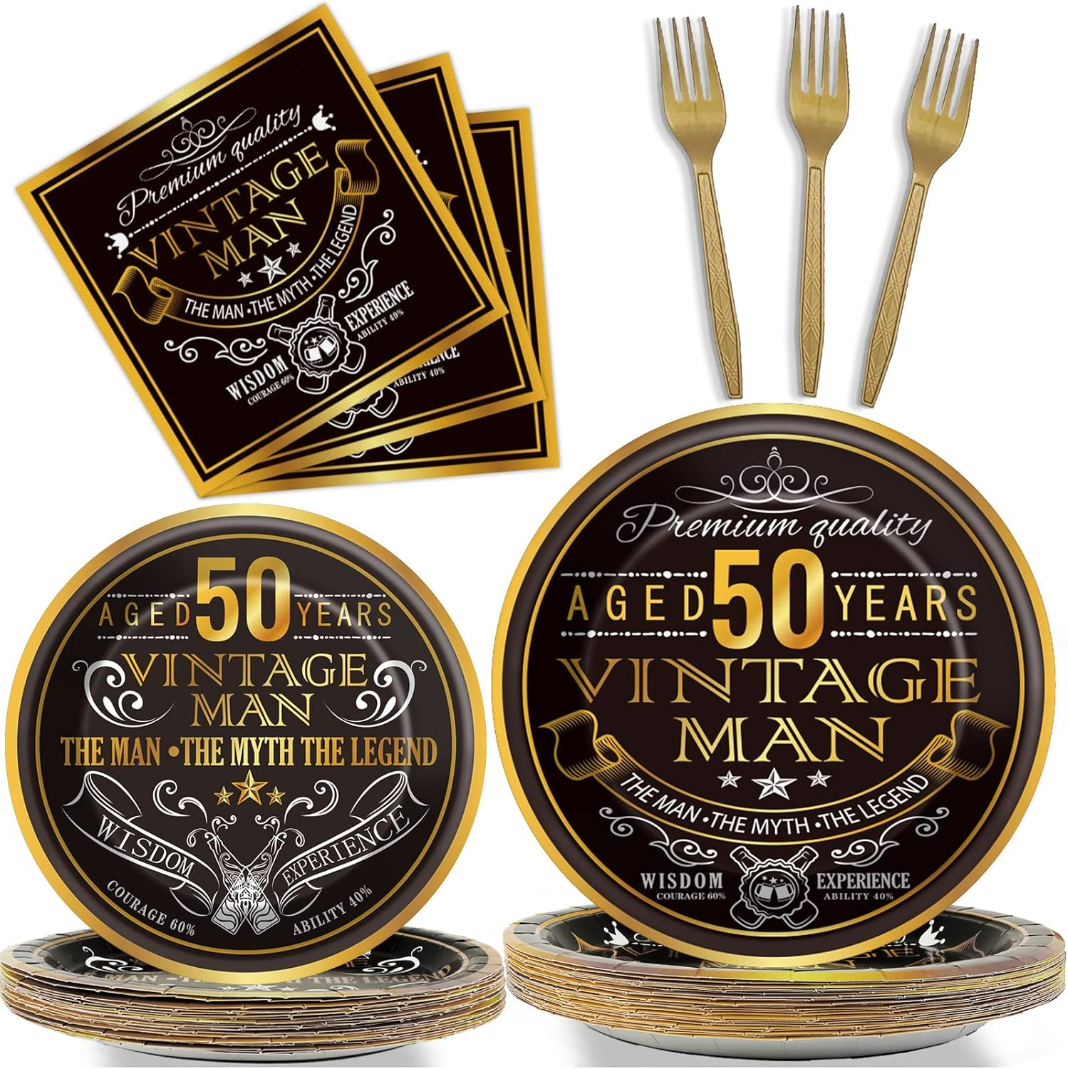 96 Pcs Vintage 50th Party Tableware Set Back in 1975 50th Theme Birthday Party Table Decoration Supplies Cheers to 50 Years Paper Plate Napkin Fork 24 Guests for Men