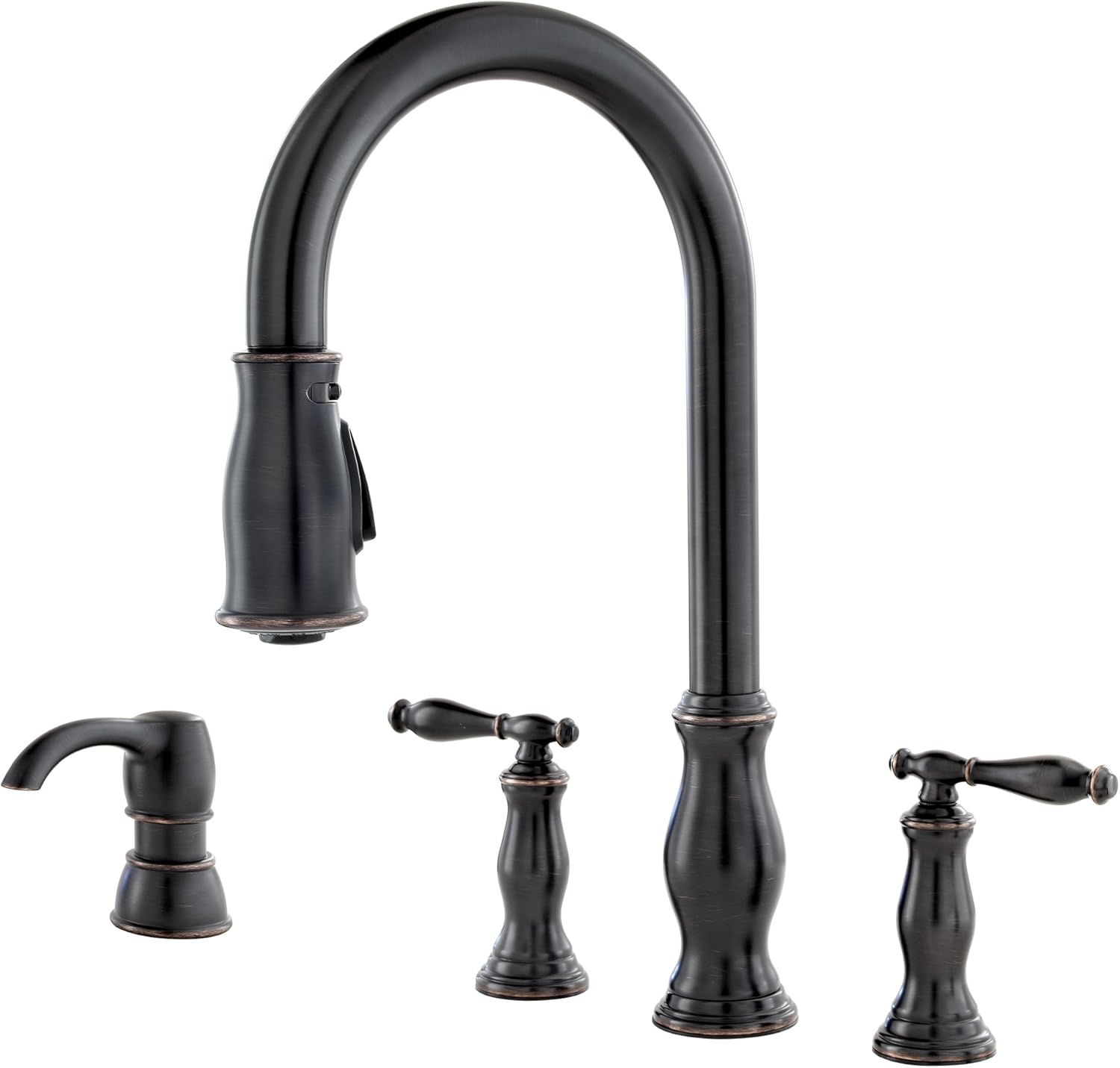 Pfister Hanover Kitchen Faucet with Pull down Sprayer and Soap Dispenser, 2-Handle, 4-Hole, High Arc, Tuscan Bronze Finish, F5314HNY
