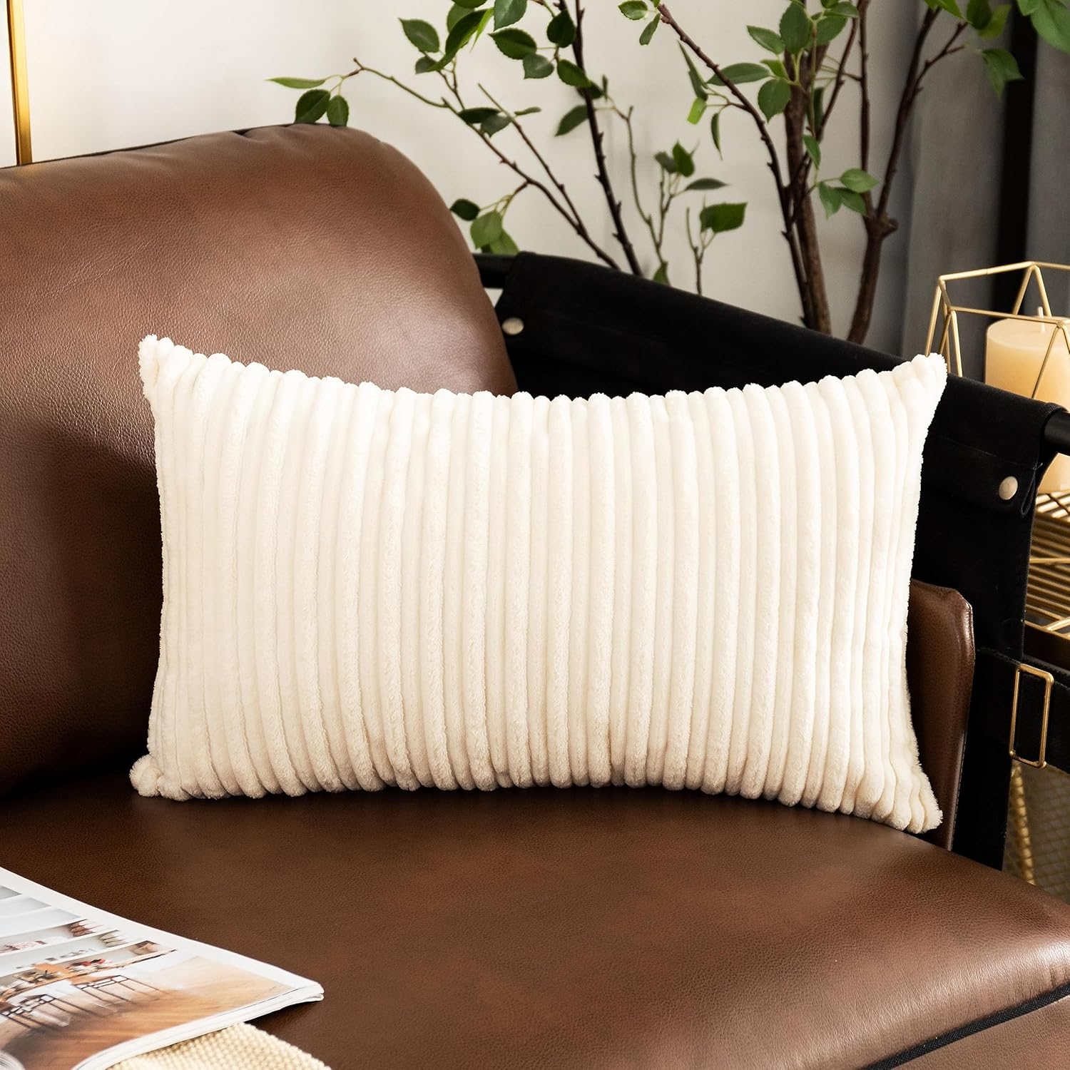 UGASA Velvet 12X20 Inch Lumbar Throw Pillow Cover, Both Sides Corduroy Striped, Soft Solid Decorative Rectangular Cushion Case for Couch/Bedroom/Car, 1 Piece, Cream