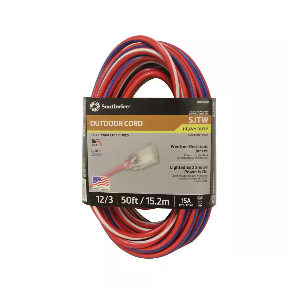 50 Ft. 12/3 SJTW USA Outdoor Heavy-Duty Extension Cord with Power Light Plug