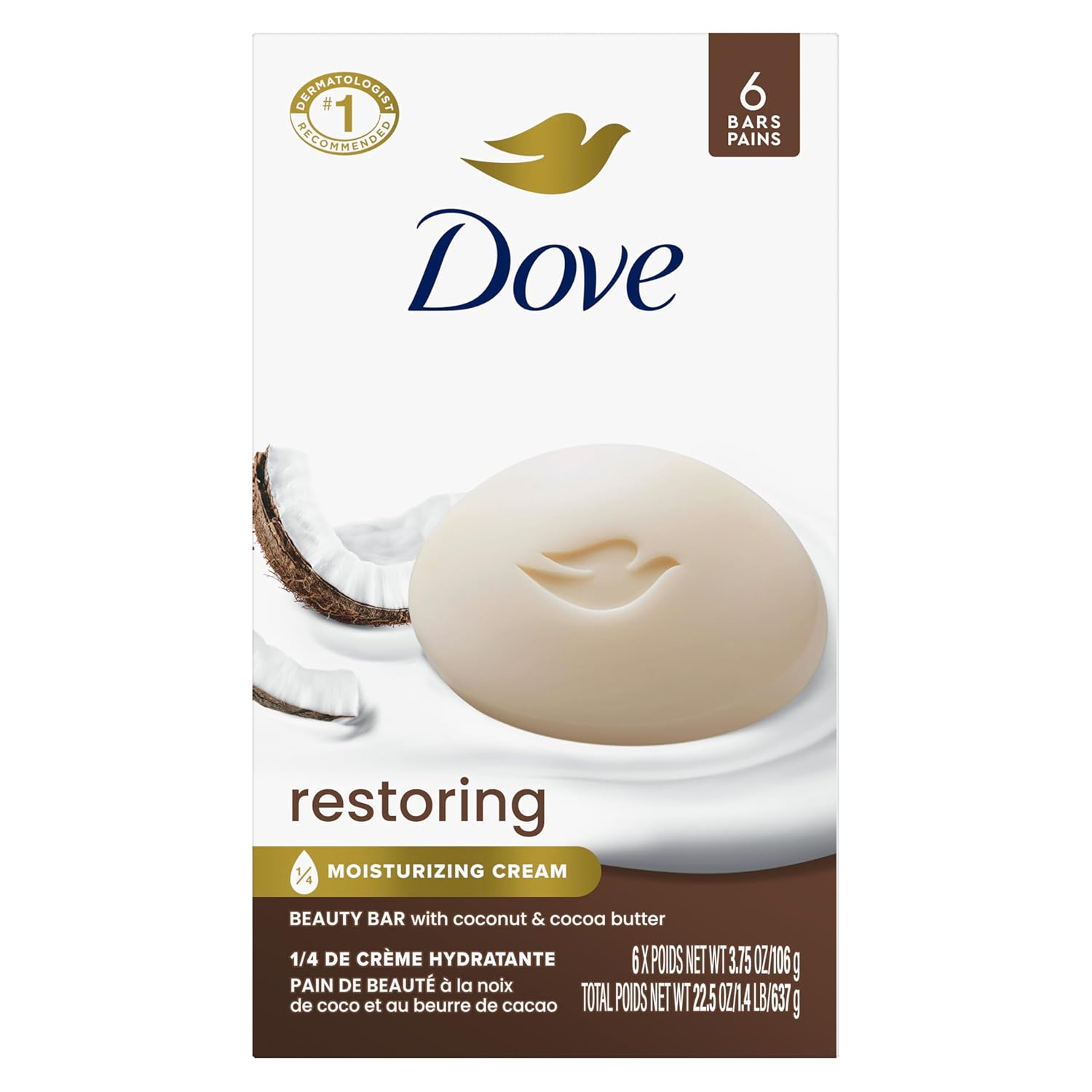 Dove Beauty Bar Soap Restoring Coconut & Cocoa Butter 6 Count for Restored Skin, Nourishes Skin 3.75 Oz