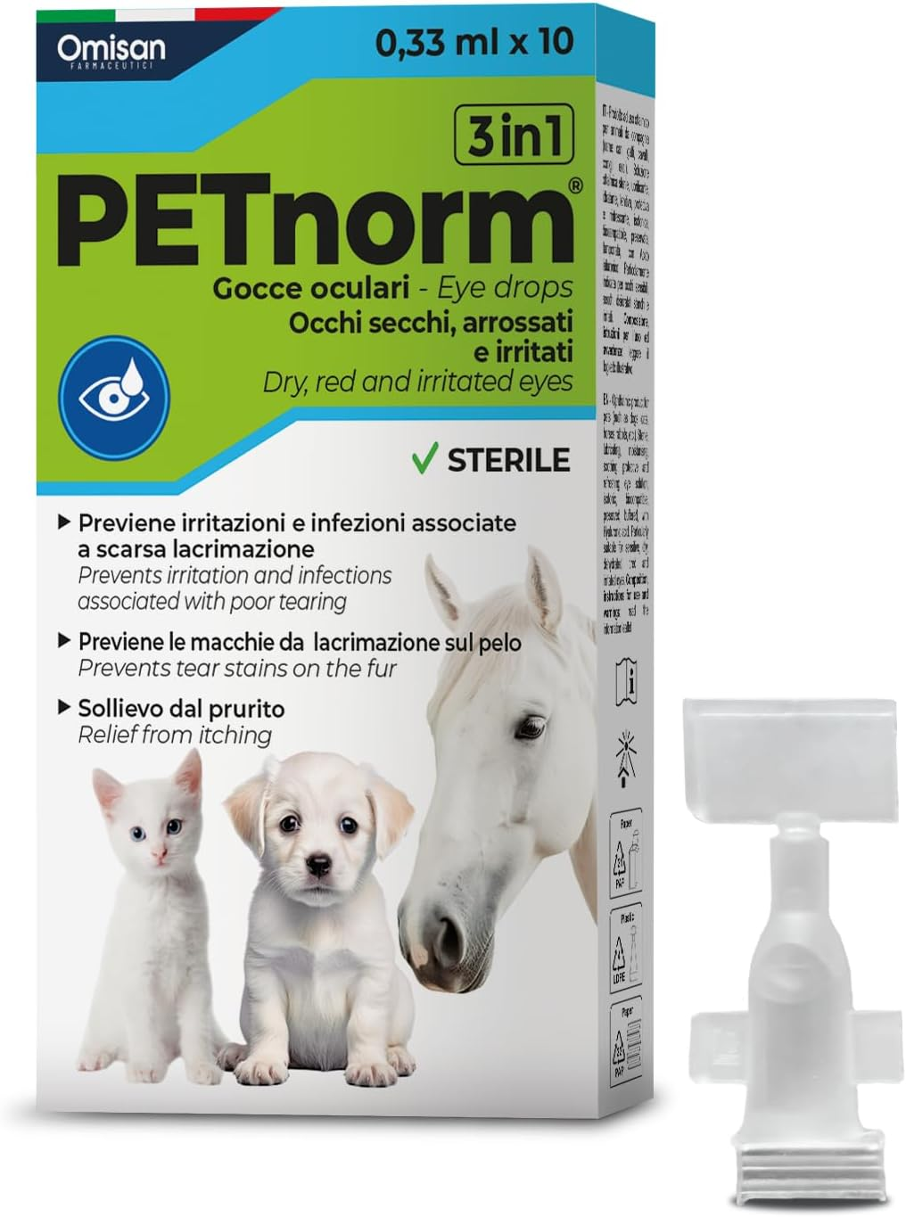 Collirio Monodose 3 in 1 - Lubrifica, Idrata, Dona Sollievo. Aiuta a Rimuovere Macchie Da Lacrimazione. Cani, Gatti E Animali Da Compagnia. Con Acido Ialuronico - 10 Monodose Da 0,33 Ml
