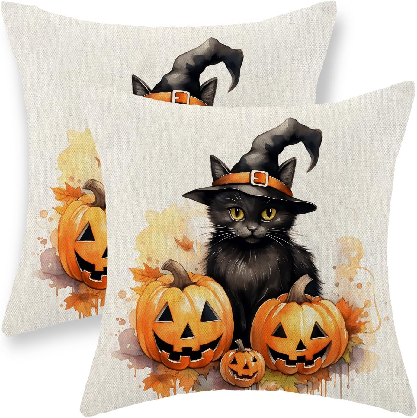 Halloween Pillow Covers 18X18 Set of 2 Black Cat Pumpkin Pillowcase Halloween Decorations Outdoor Throw Pillow Covers Linen Farmhouse Fall Thanksgiving Decor Cushion Case for Couch Home Sofa