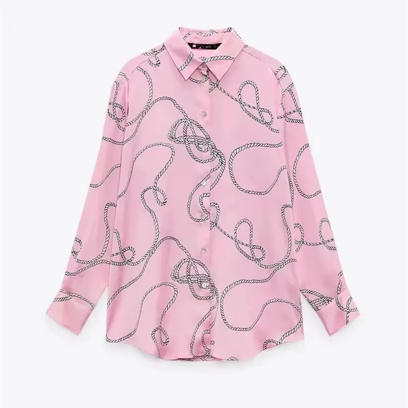 Women'S Chic Tops New Printed Satin Texture Blouse Shirts with Long Sleeves Button Decoration Sweet Crocheted Style MOQ 2Pcs