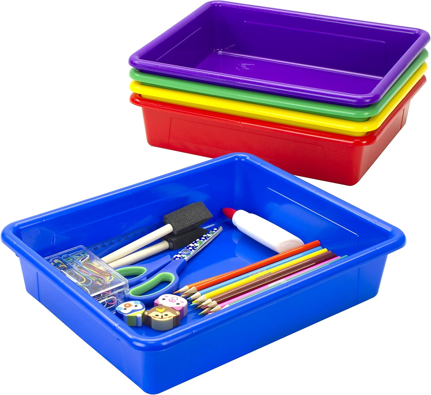 Letter Size Flat Storage Tray – Organizer Bin for Classroom, Office and Home, Assorted Colors, 5-Pack (62514E05C)