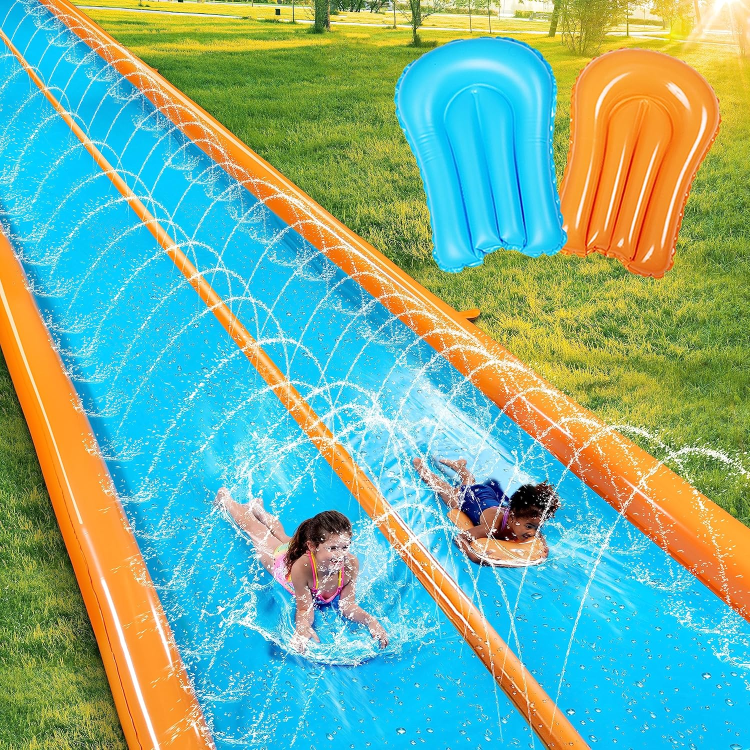 Sloosh Double Lane Water Slide,25Ft X 6Ft Heavy Duty Lawn Water Slip and Slide with Sprinkler and 2 Inflatable Boards for Adult Kids Party Summer Yard Outdoor Play Activities