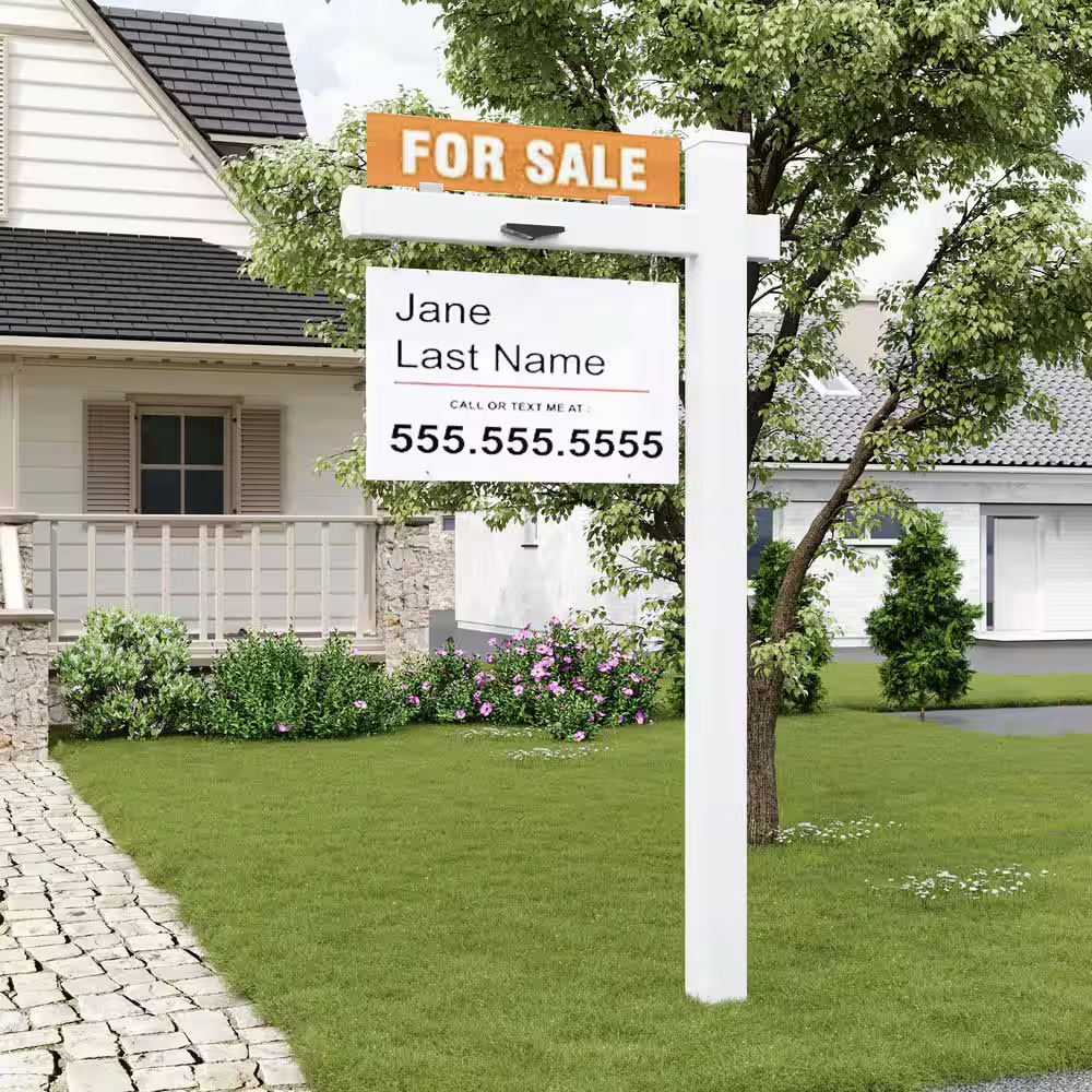 Solar Real Estate Sign Post with 2-LED Lights Adjustable PVC Yard Sign and Metal Stake for Open House Address Marker