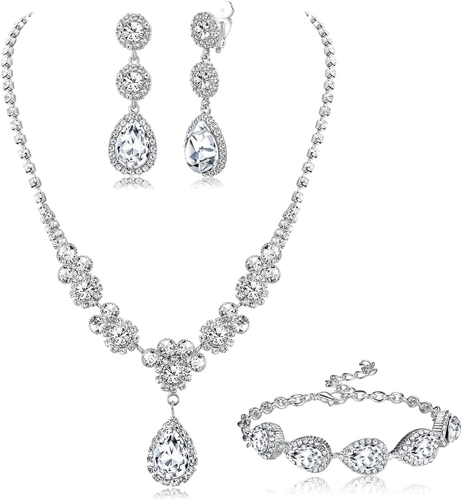 Rhinestone Bridal Jewelry Set Necklace Bracelet Clip on Earrings for Brides Brid
