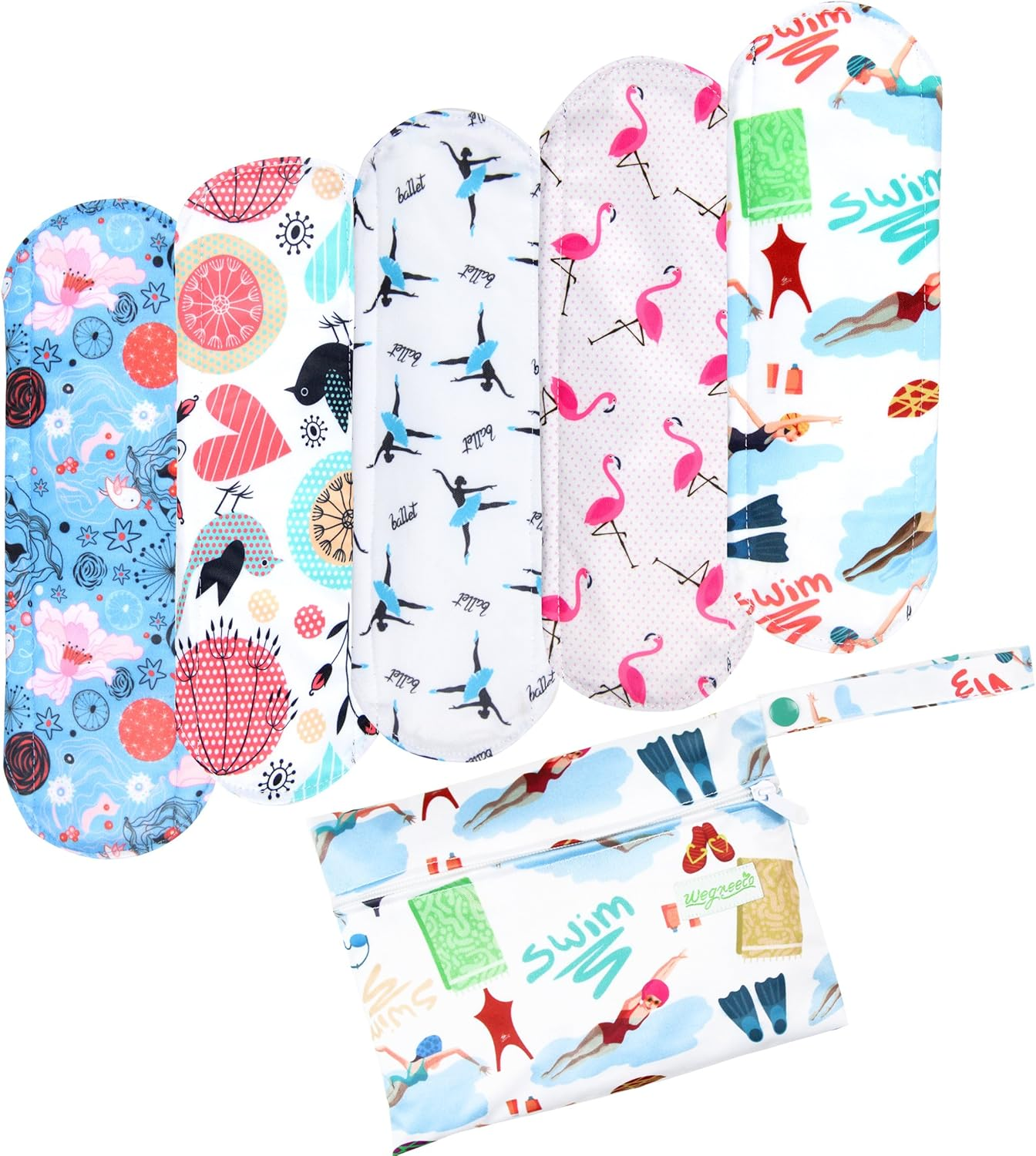 Wegreeco Charcoal Reusable Menstrual Pads for Women - Reusable Sanitary Pads | Reusable Panty Liners | Soft Cloth Menstrual Pads - 5 Pack, 1 Cloth Wet Bag(Small, Dynamic)