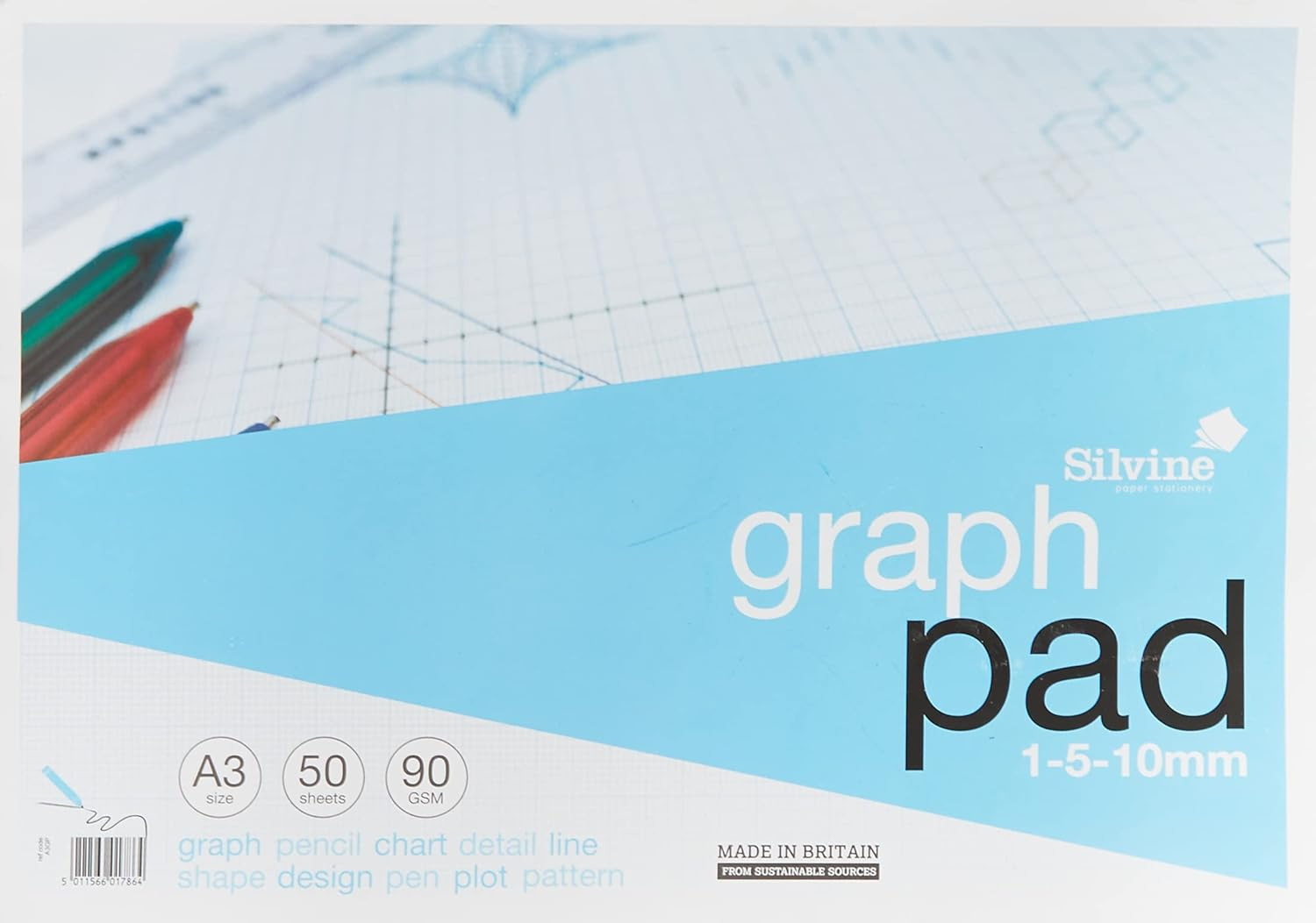 Silvine A3 Graph Pad – 50 Sheets 90gsm Paper, 1-5-10mm Grid, Glue Bound - View #6