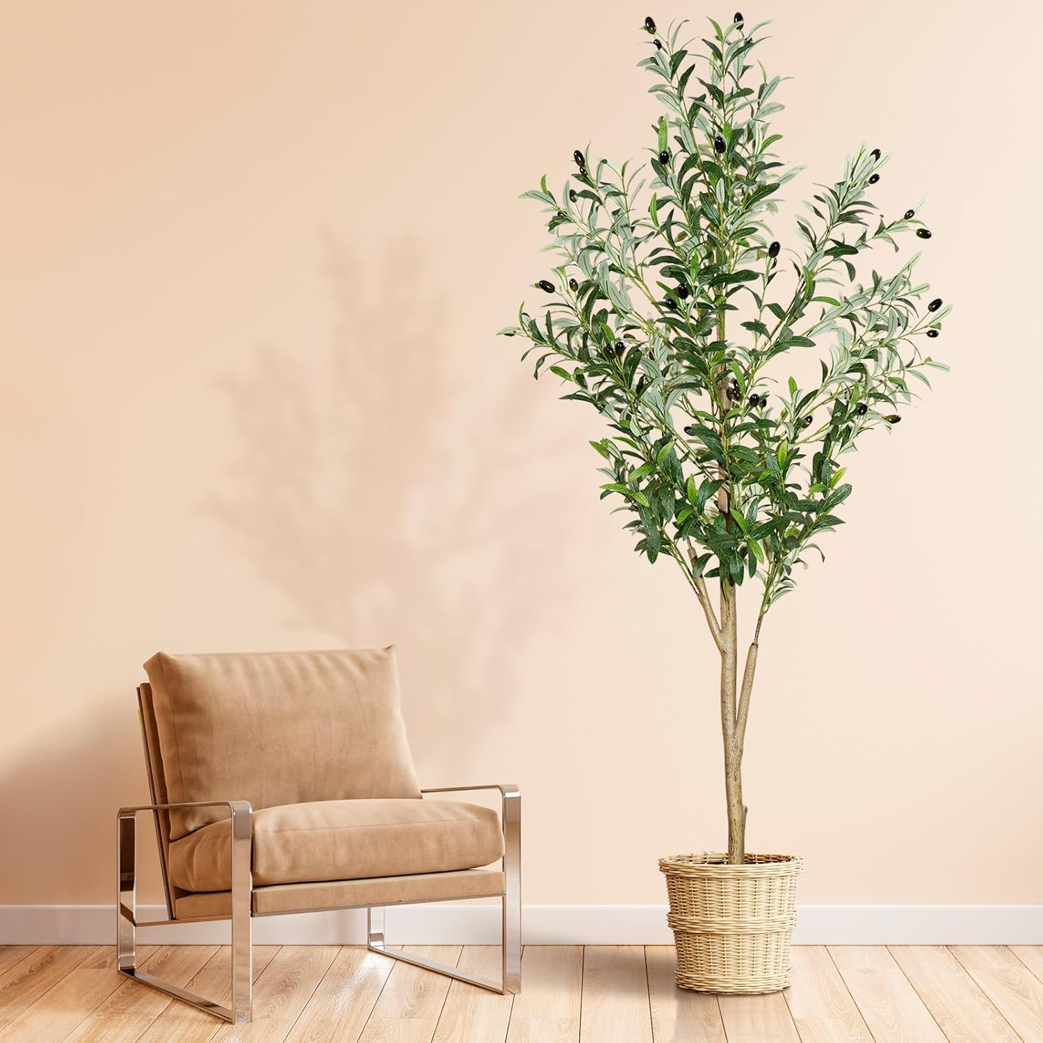 6Ft Faux Olive Tree, Artificial Olive Tree Indoor, High Imitation Silk Plant Fake Olive Tree with Realistic Leaves and Fruits, Suitable for Home Living Room Office Decoration