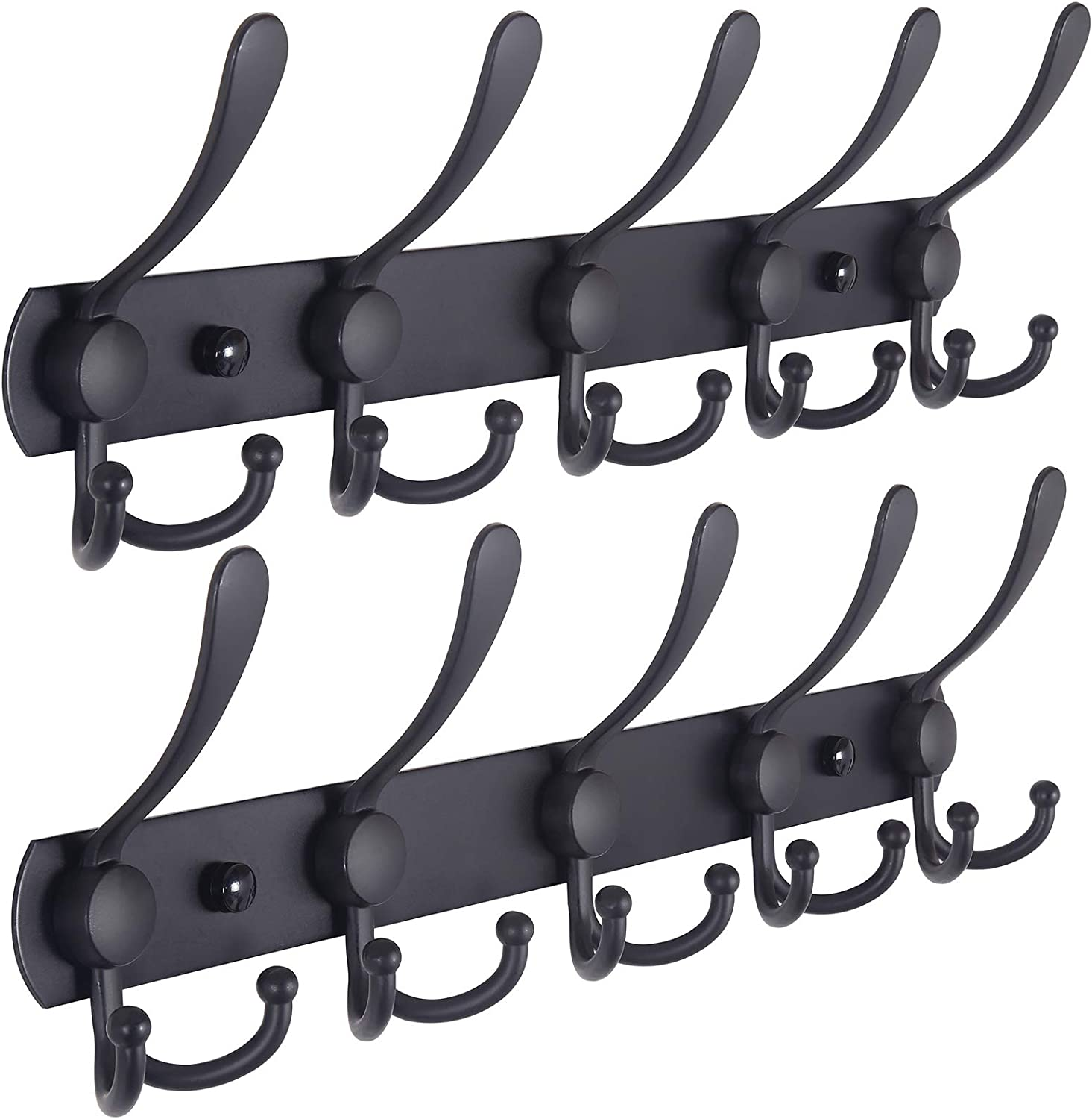 Dseap Coat Rack Wall Mounted - 5 Tri Hooks, Heavy Duty, Stainless Steel, Metal Coat Hook Rail for Coat Hat Towel Purse Robes Mudroom Bathroom Entryway (Black, 2 Packs)