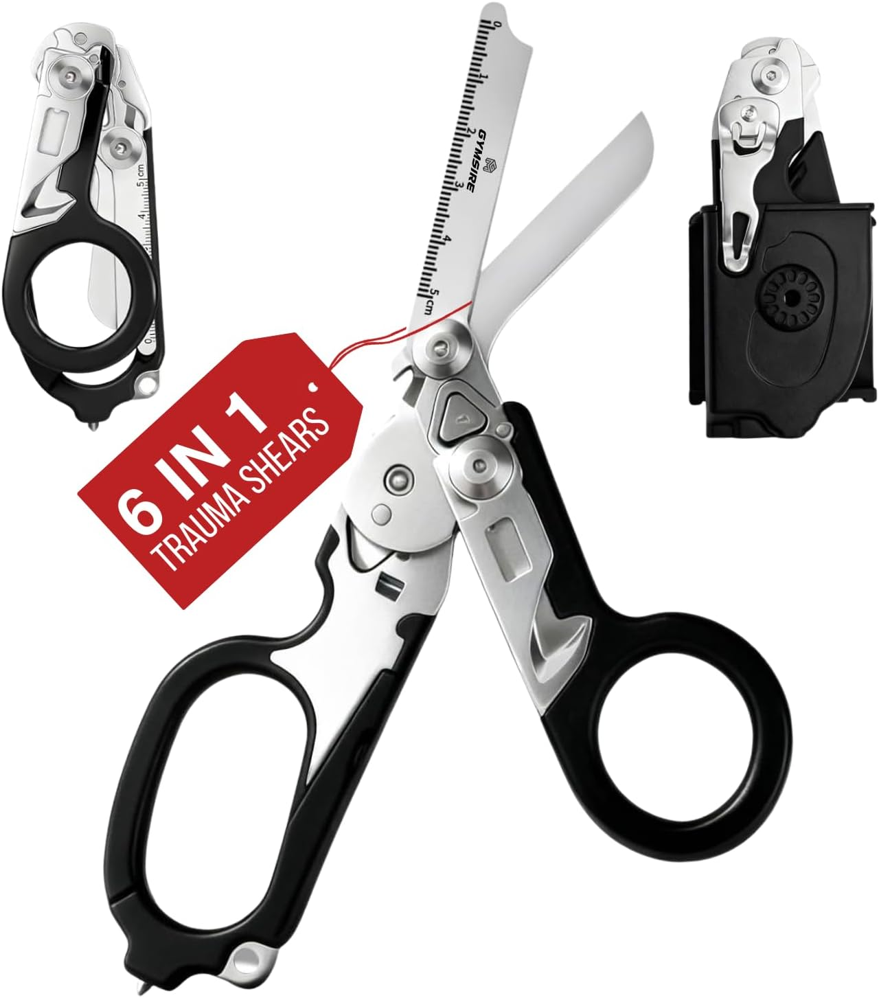 Heavy Duty 6 in 1 Multifunctional Trauma Shears Foldable | Stainless Steel Emergency Response Scissors | Survival Shears with Holster | Medical Trauma Shears Tactical with Strap Cutter | Black
