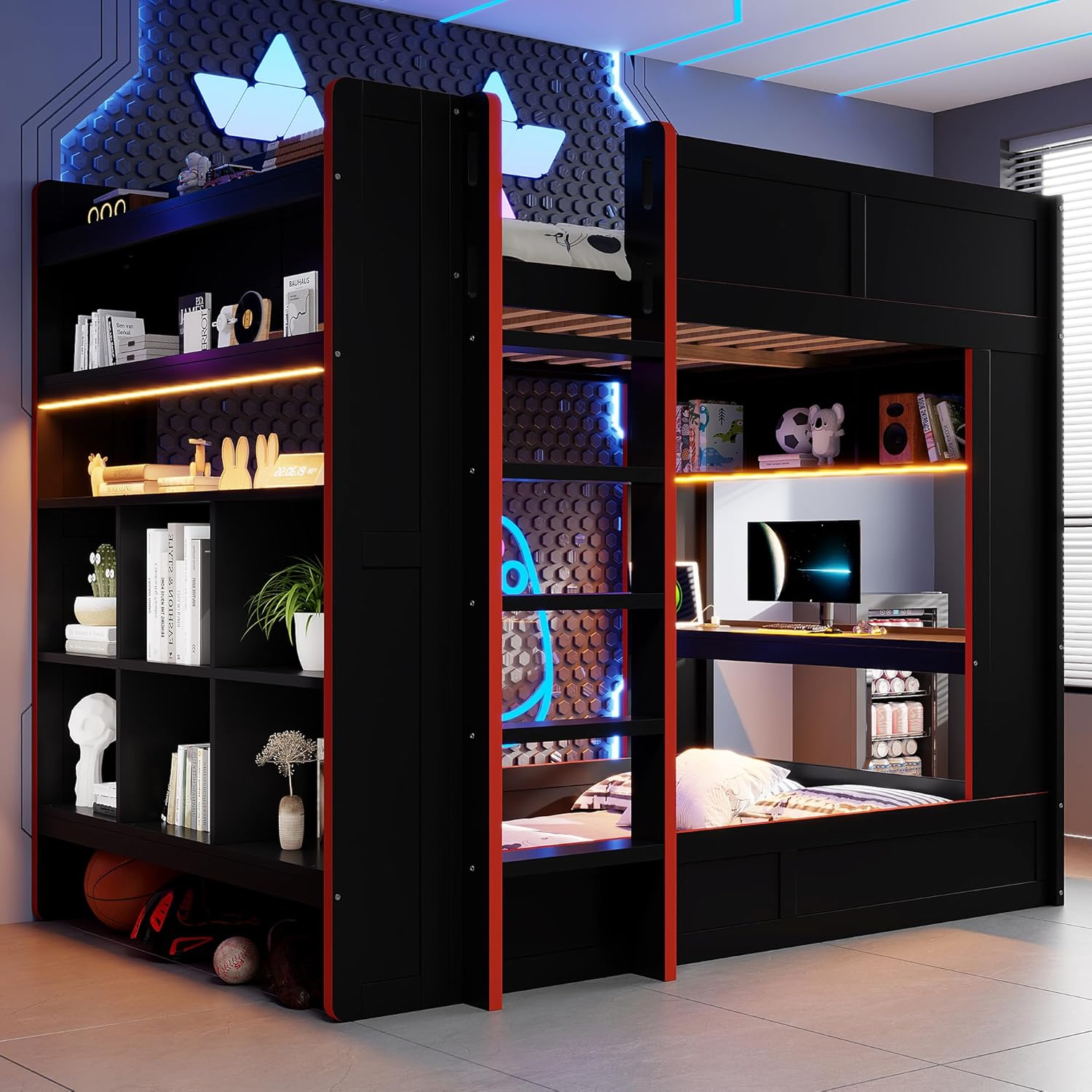 Wood Full Size Gaming Bunk Bed with Desk and Storage Shelves,Bunkbed W/Led & Charging Station,Full-Length Guardrails,Ladder,Slat Support,Space Saving,Bedroom Furniture for Student,Black