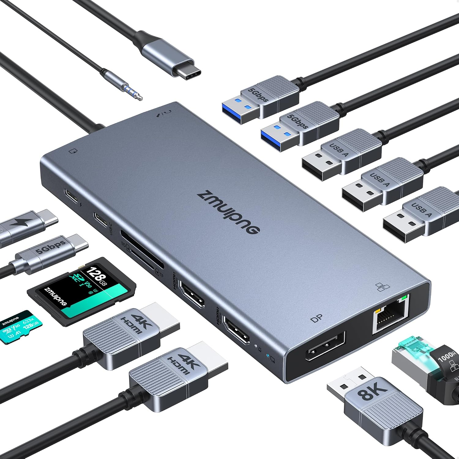 USB C Laptop Docking Station Dual Monitor 15 in 1 USB-C Hub Multiport Adapter with Dual 4K HDMI+8K DisplayPort+USB A&C Port+Button+PD+Ethernet+SD/TF+Mic/Audio for Dell HP Lenovo etc