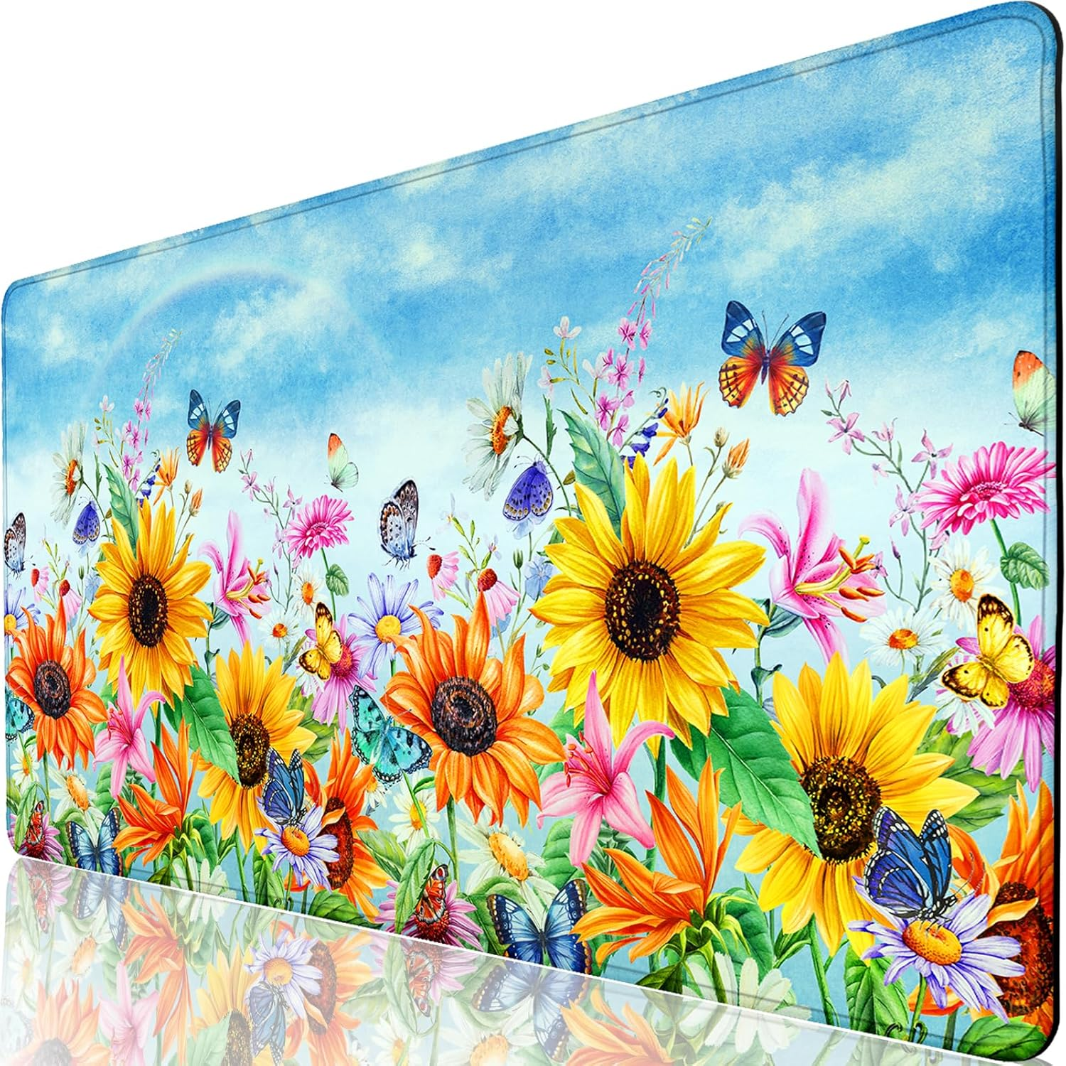 Desk Pad Sunflowers, Big Mouse Pad Flower Butterfly Women Girls Desk Mat Extended Large  Mouse Pad Non-Slip Base Stitched Edge Work Home Office Desks Computer Keyboard Laptop Decor Mouse Mat
