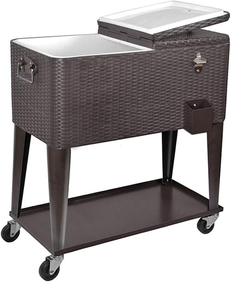 80 Quart Qt Rolling Cooler Ice Chest Cart for Outdoor Patio Deck Party, Dark Brown Wicker Faux Rattan Tub Trolley, Portable Backyard Party Drink Beverage Bar, Wheels with Shelf & Bottle Opener