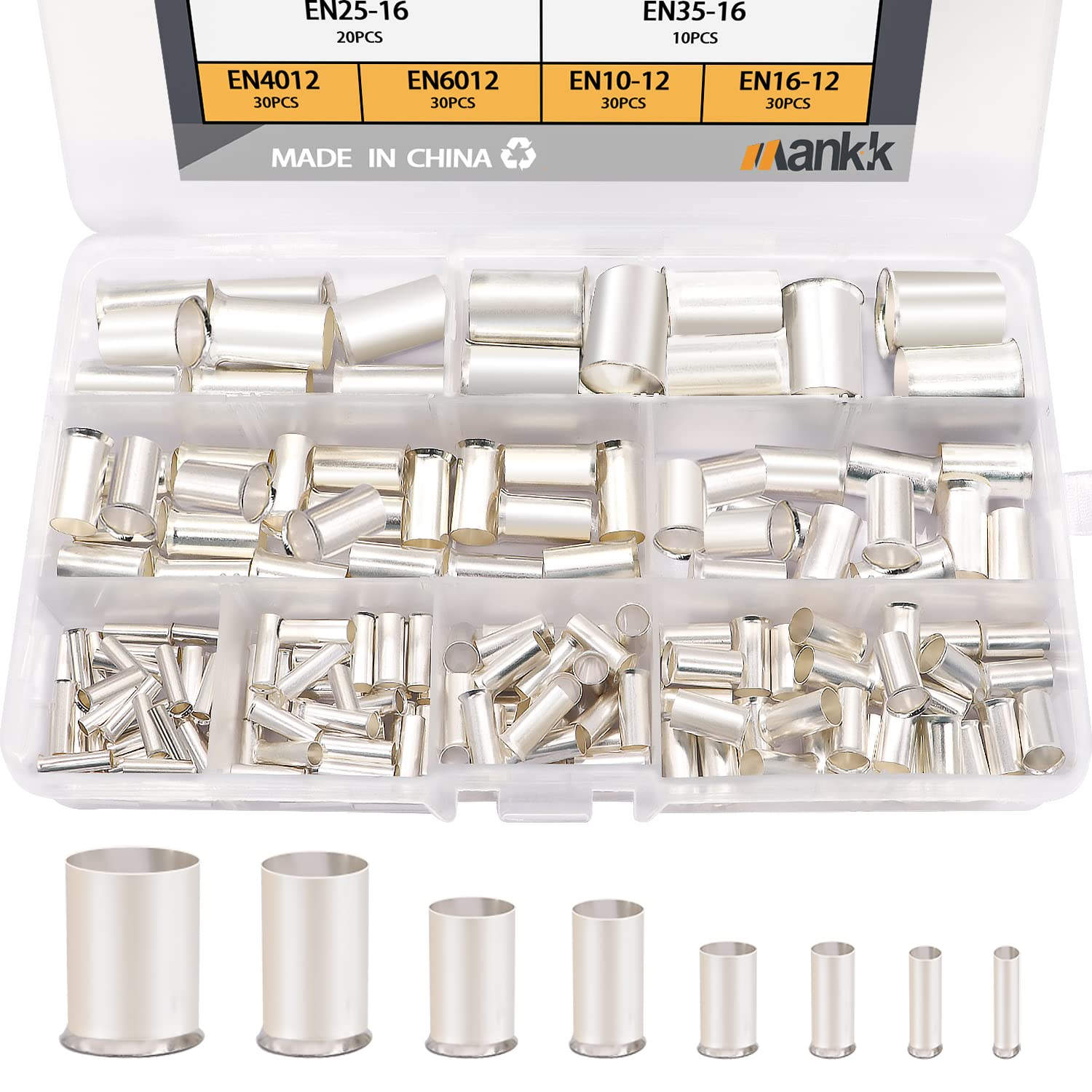 166 Pcs Wire Ferrules Kits Silver Plated Copper Crimp Terminal Connector 8 Sizes AWG (1/0 2/0 2 4 6 8 10 12) Sleeves Insulated Cord Pin End Terminal M-020
