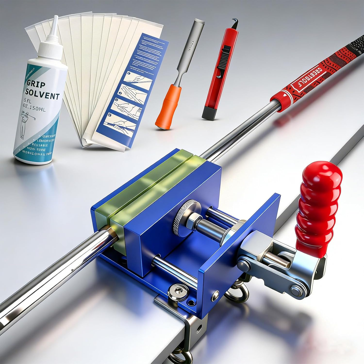Golf Repair Kit Drill-Free & Drill Installation for Regripping Golf Clubs, Inlcudes 13PCS Grip Tapes, Hook Knife, Solvent, Grip Tape Remover and Aluminum Vise Clamp for Home or Workshop