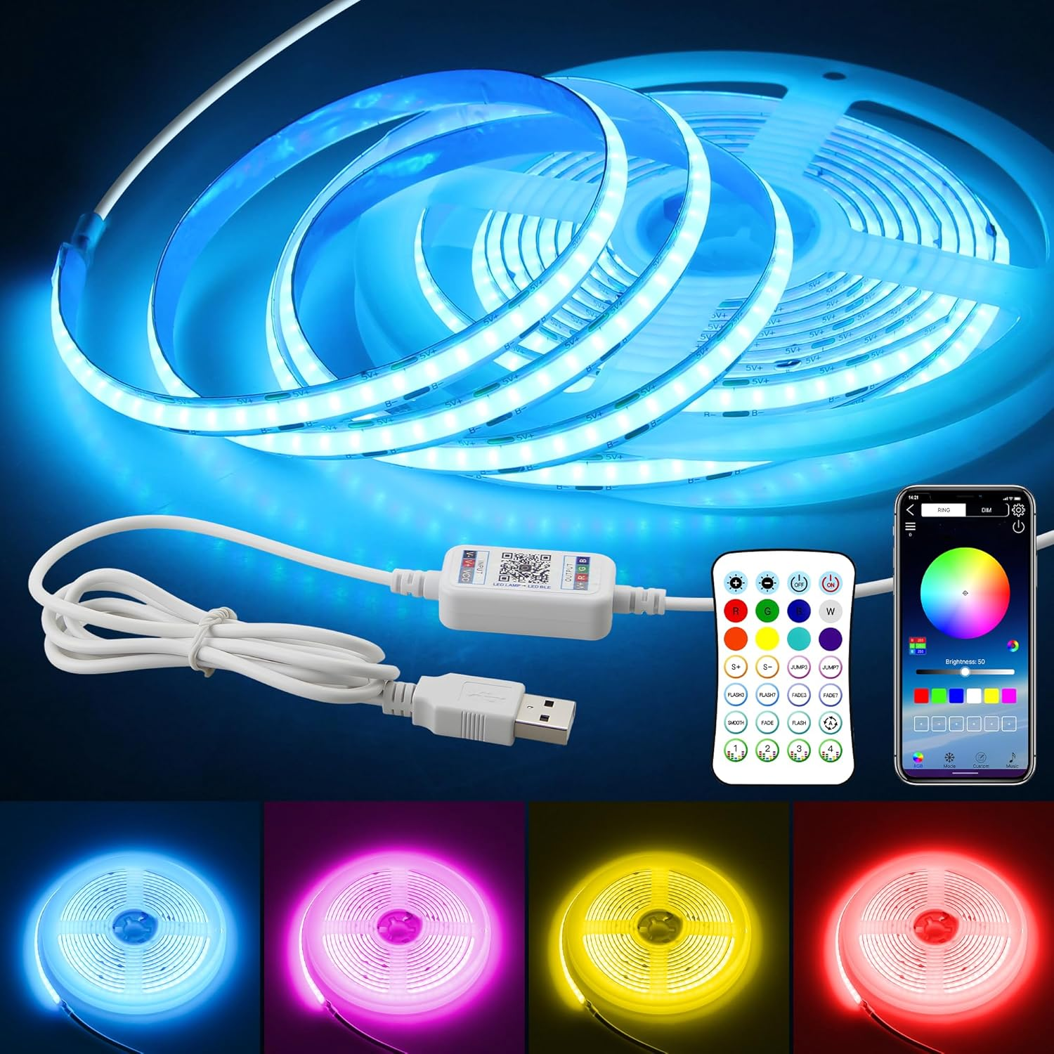 Bluetooth USB RGB COB LED Strip Lights 5V with Remote Control 6.56FT/2M Music Sync Color Changing Led Light Strips for Bedroom 576LED/M Multicolor TV Backlight Flexible Self-Adhesive Tape Light