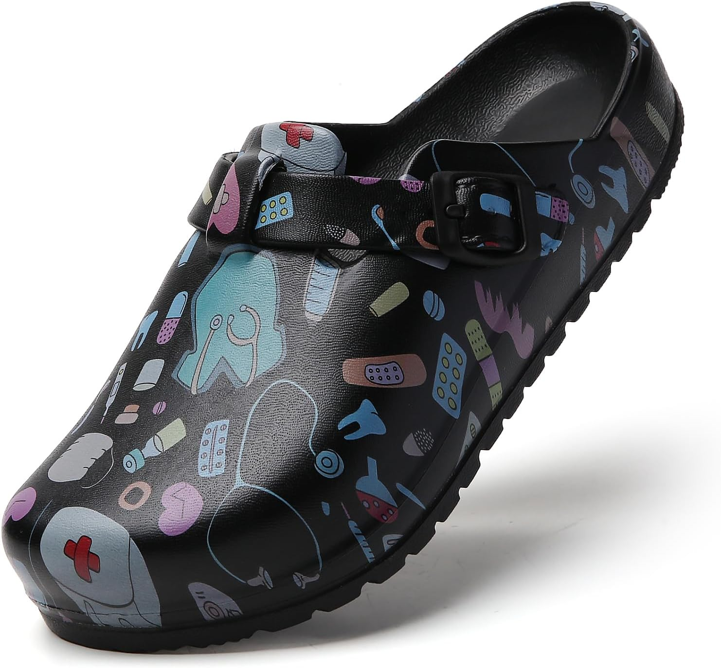 Womens Work Clogs Arch Support Slip-On Mules Slip Resistant Garden Nurse Chef Kitchen Shoes Cushioned Printed Sandals Slippers