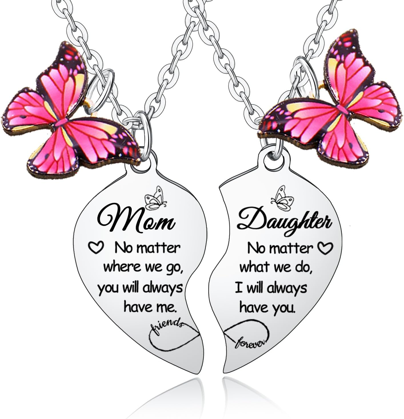 2PCs Mother Daughter Heart Matching Pendant Necklaces Set - I Love You Gifts for Mom & Daughter - Butterflies Stuff Jewelry