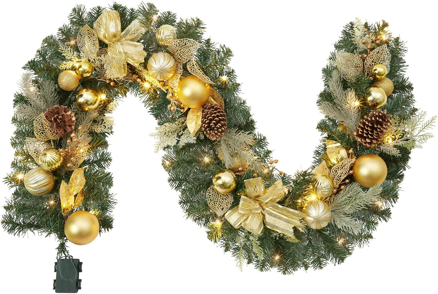 6 Ft Christmas Garland, Pre-Lit Artificial Xmas Garland with 20 LED Lights, Battery Operated Rattan Christmas Decoration with Gold Bows, Ball Ornaments, Pine Cones, Gold