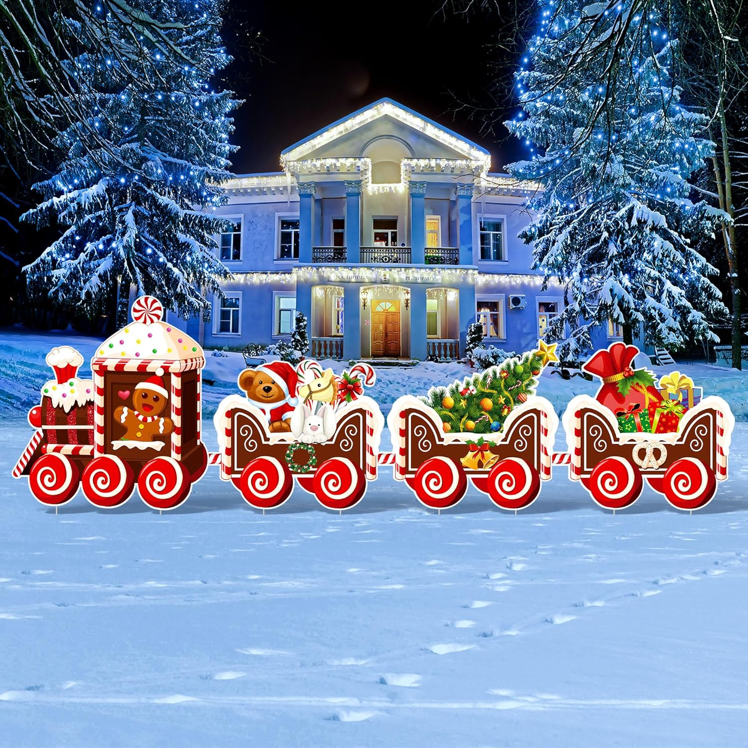 4 Pieces Christmas Train Decorations Outdoor Yard Lawn Signs Warm Style