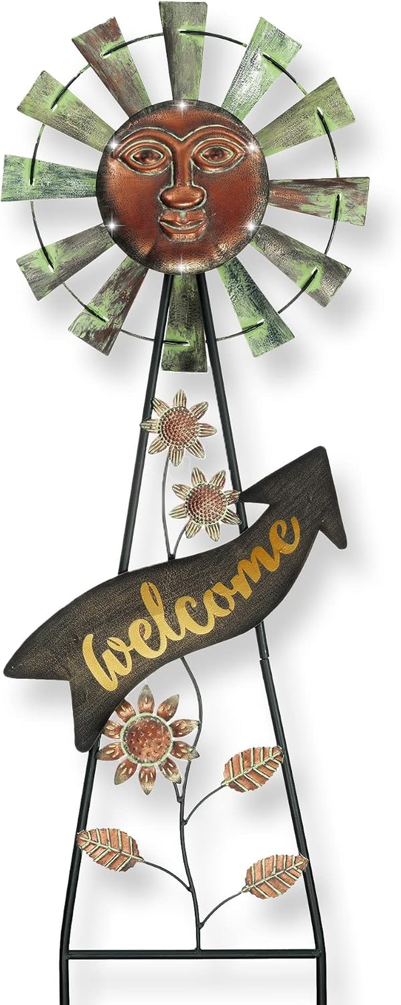 Garden Decor with Solar Outdoor Lights, Wind Spinner Yard Art Sign for Outside, 26'' Bronze Metal Sun Face Windmill Decorative Garden Stake for Lawn Ornaments, Gifts for Mom