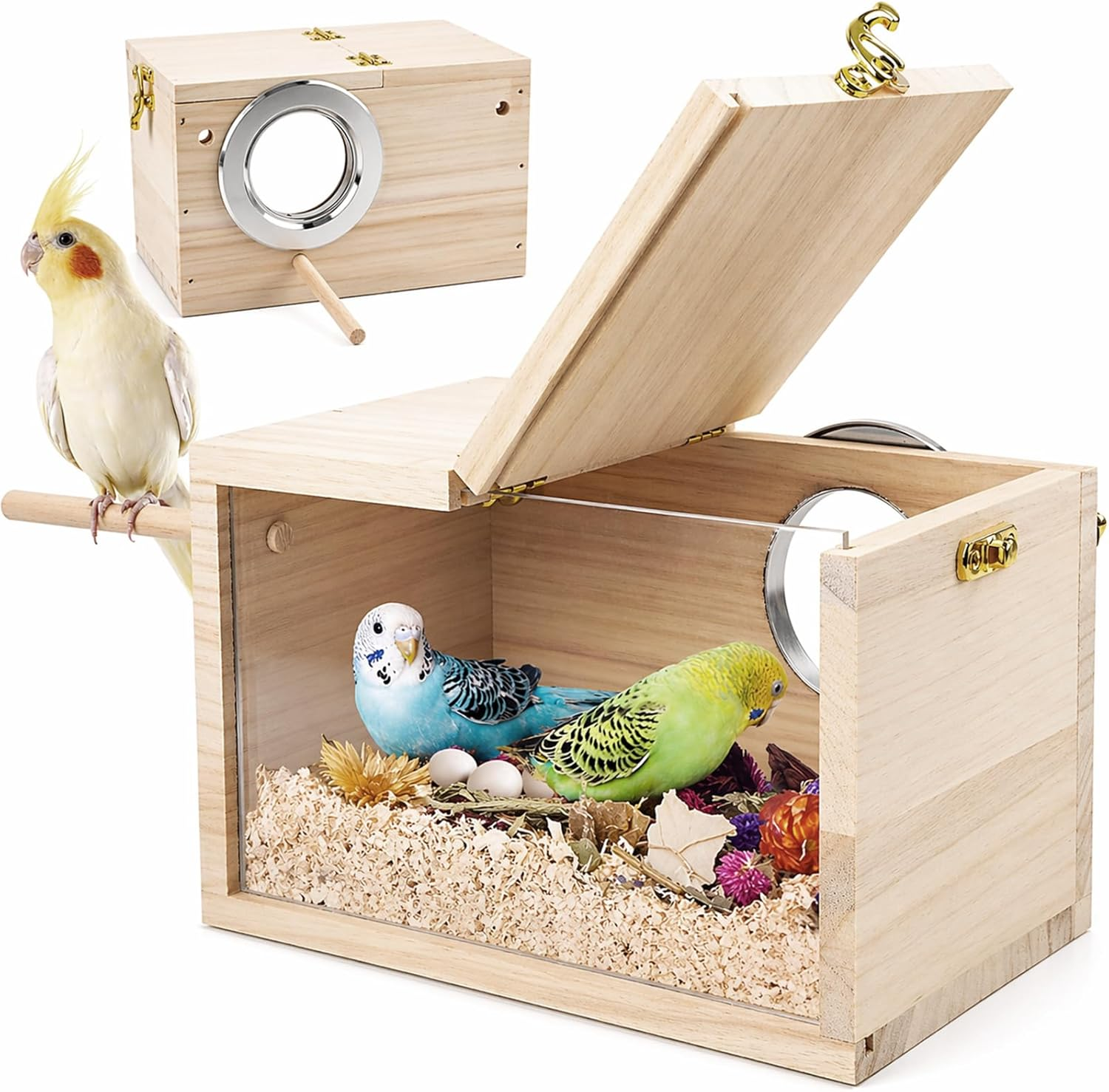 Rypet Parakeet Nesting Box Transparent Design, Thwartwise Bird Nest Breeding Box with Perch Wood Bird Cage House for Cockatiel Lovebirds Budgie Finch Parrotlets Canary S