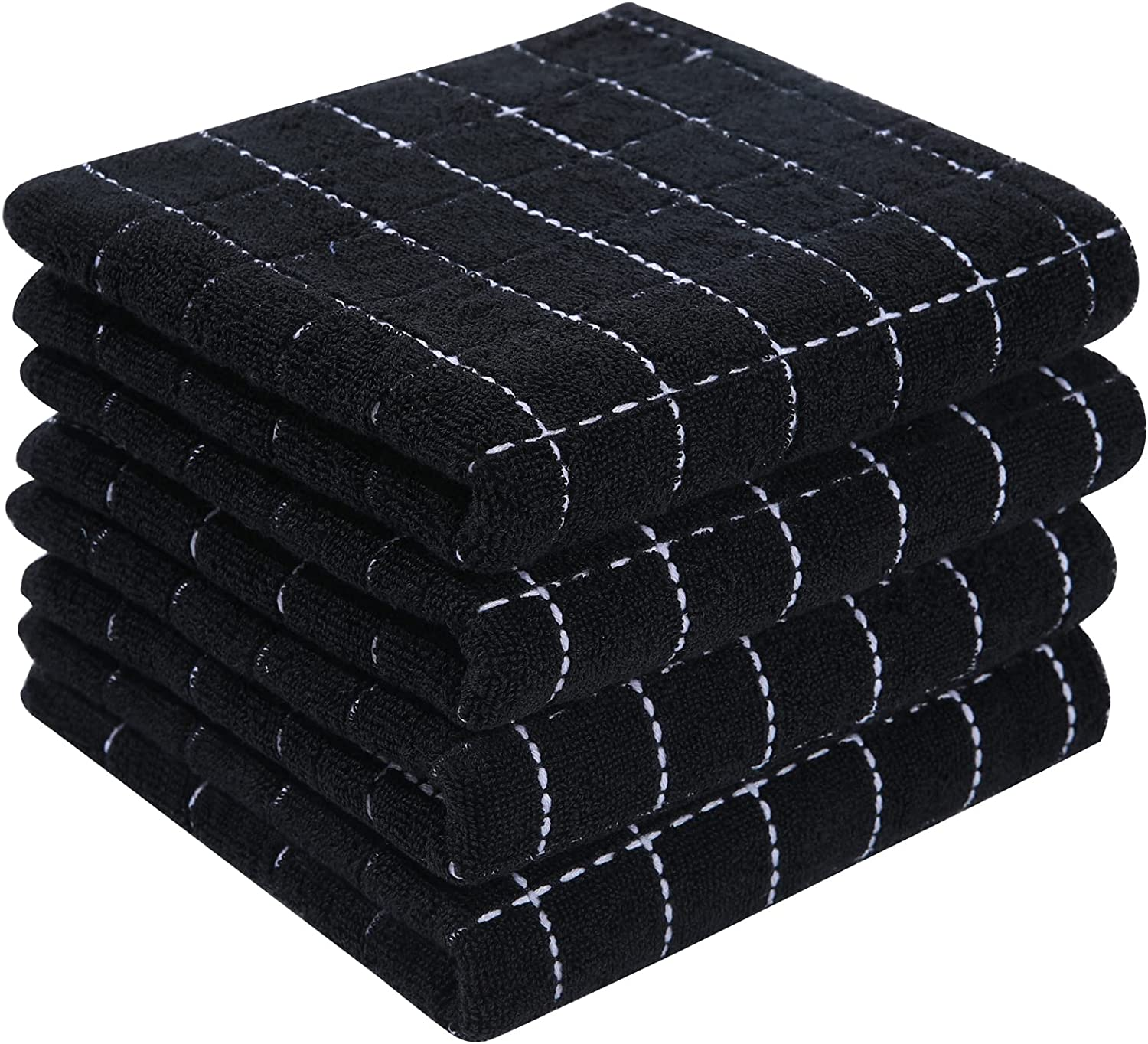 Homaxy 100% Cotton Terry Kitchen Towels(Black, 13 X 28 Inches), Checkered Designed, Soft and Super Absorbent Dish Towels, 4 Pack