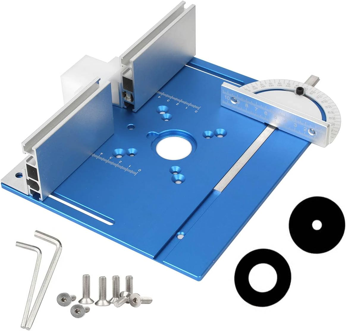 Aluminium Router Table Insert Plate,Woodworking Benches 9.4X7.9X0.2 Inch Router Flip Plate with Miter Gauge Guide Aluminium Fence Sliding Brackets(Blue),Mg-051Bl