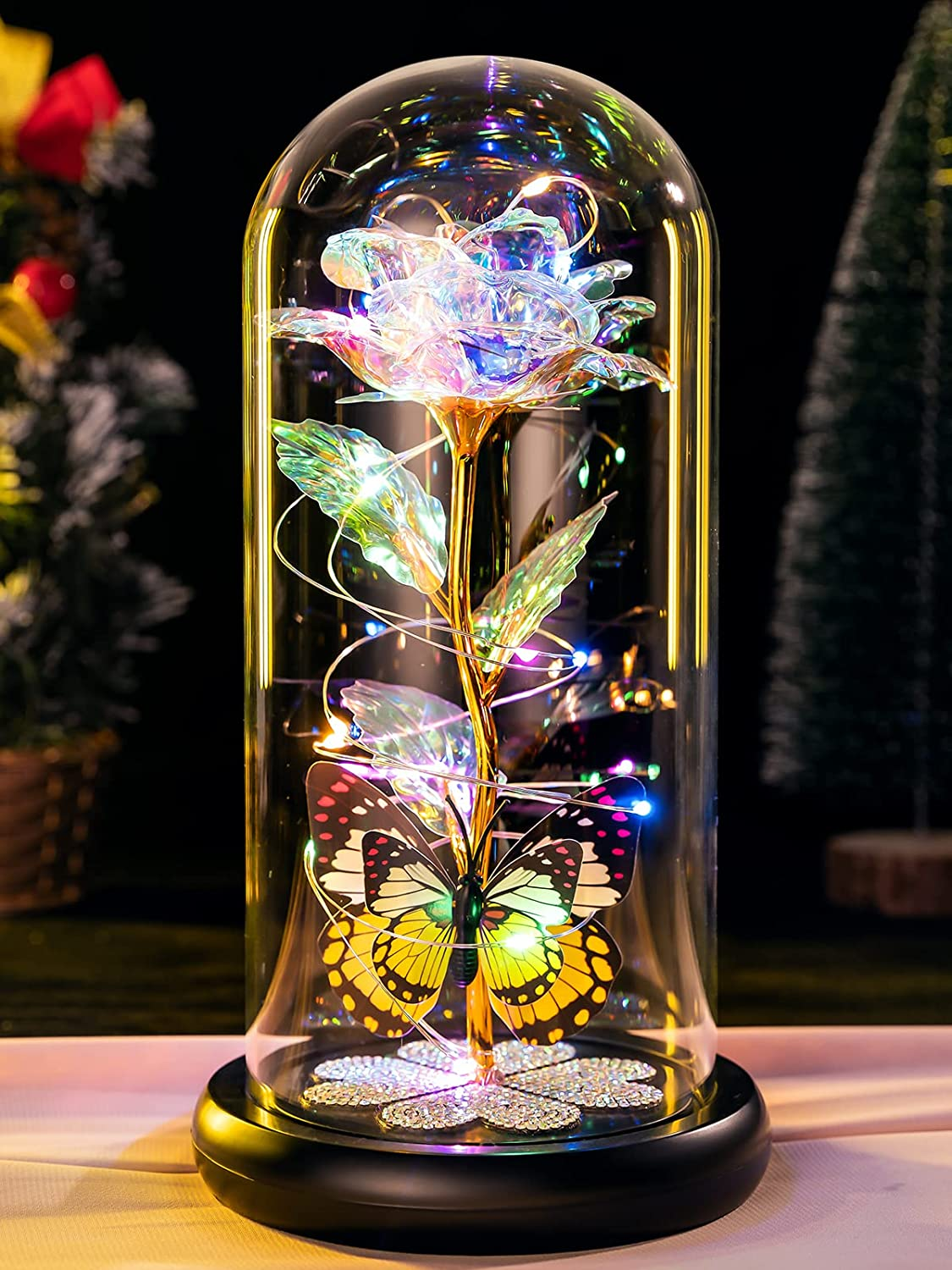 Valentines Day Rose Gifts for Her Birthday Gift for Women Galaxy Glass Rose in Glass Dome Forever Eternal Crystal Roses with Butterfly Valentines Day Gifts for Daughter Mom Wife Girlfriend Colorful