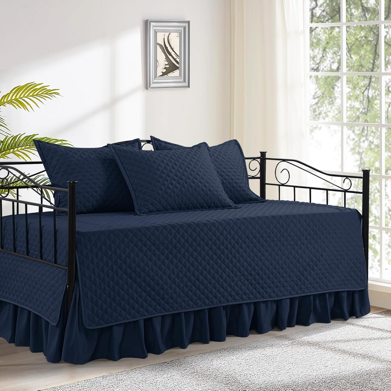 Daybed Cover Sets- Diamond Stitching Daybed Bedding Set, All Season Cozy Bedding with Bedskirt with Shams, Microfiber Filling, 5 Pieces, Navy Blue