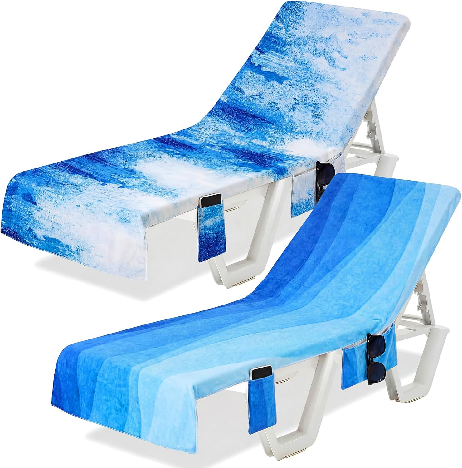 2 Pcs Pool Lounge Chair Towel Cover with 3 Pockets, 85 X 30 Inch Beach Pool Chair Towels Microfiber Chaise Lounge Covers for Outdoor Summer Sunbathing Beach Garden Lounger(Sea)